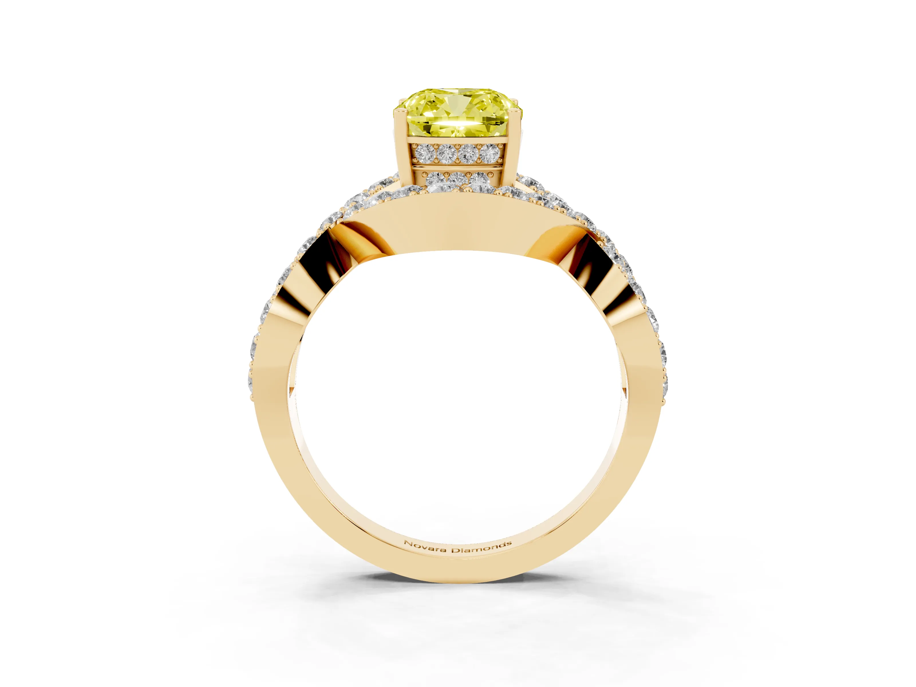Fancy Yellow Cushion Cut Diamond Solitaire Twist Band Pavé Engagement Ring Set in Yellow gold