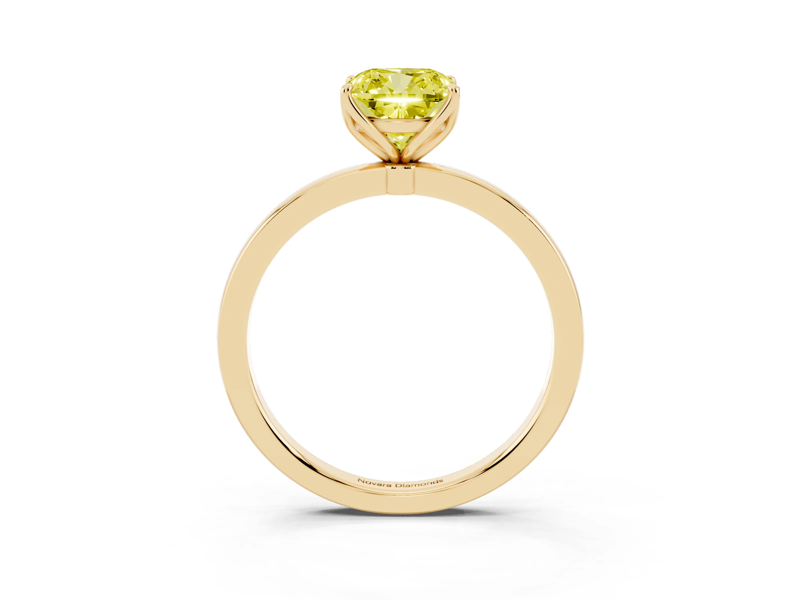 Fancy Yellow Cushion Cut Diamond Solitaire Ring Set in Yellow gold with Prong Setting and Thin Polished Band