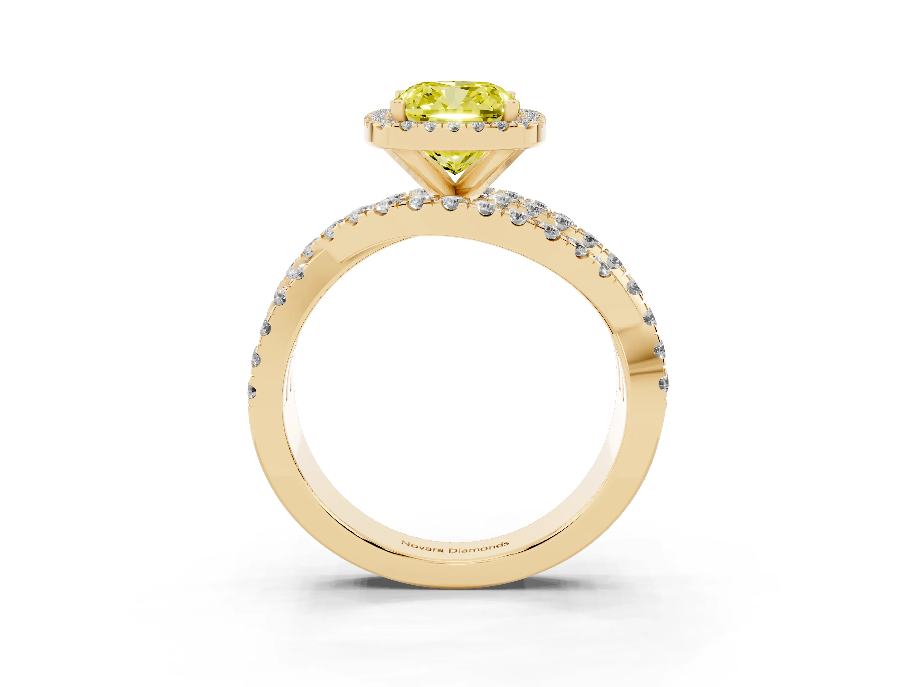 Fancy Yellow Cushion Cut Diamond Halo Ring Set in Yellow gold with Round Crossover Split Shank and Prong Setting