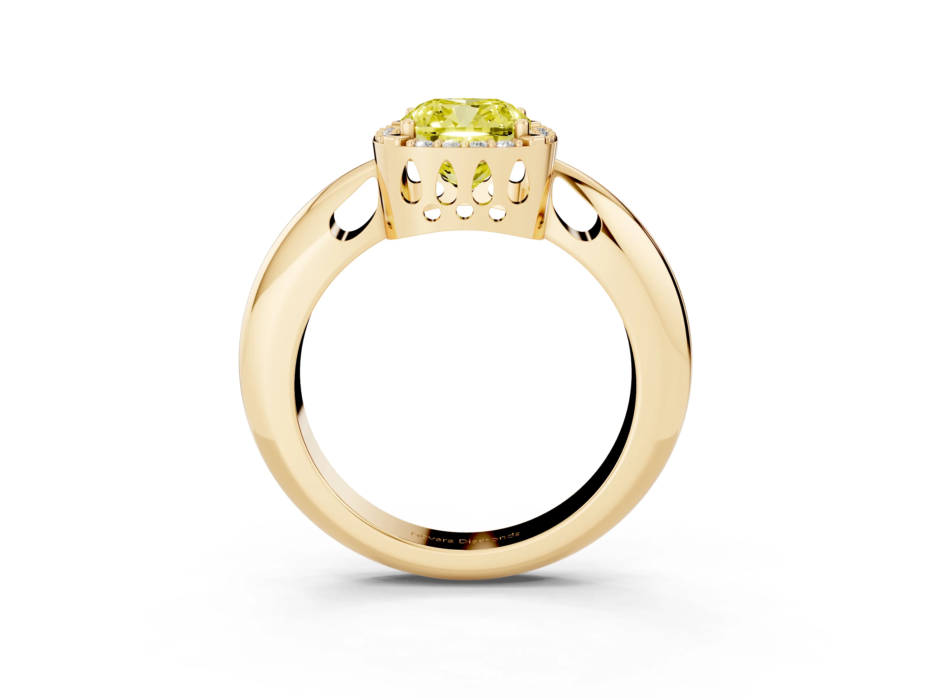 Fancy Yellow Cushion Cut Diamond Halo Engagement Ring Set in Yellow gold with Plain Split Shank and Prong Setting