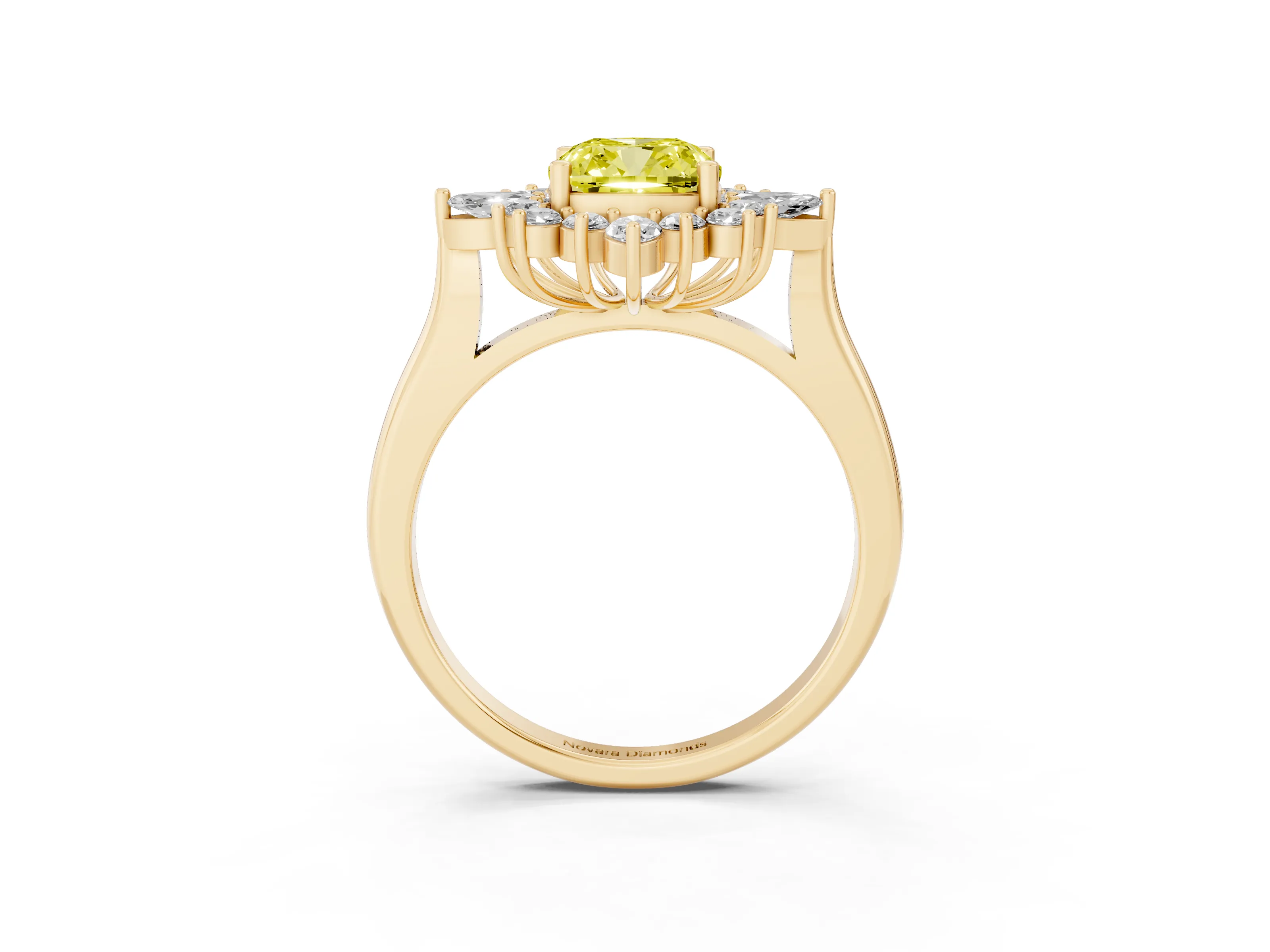 Fancy Yellow Cushion Cut Diamond Cluster Halo Ring Set in Yellow gold with Marquise and Round Accents