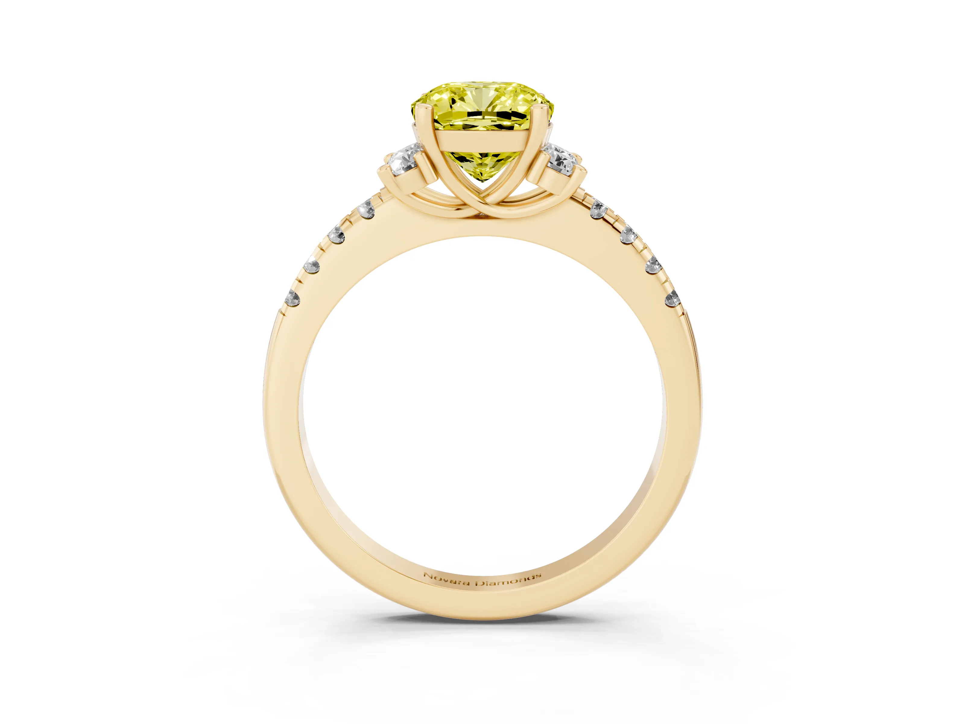 Fancy Yellow Cushion Cut Diamond Three-Stone Pavé Ring Set in Yellow gold with Prong Setting