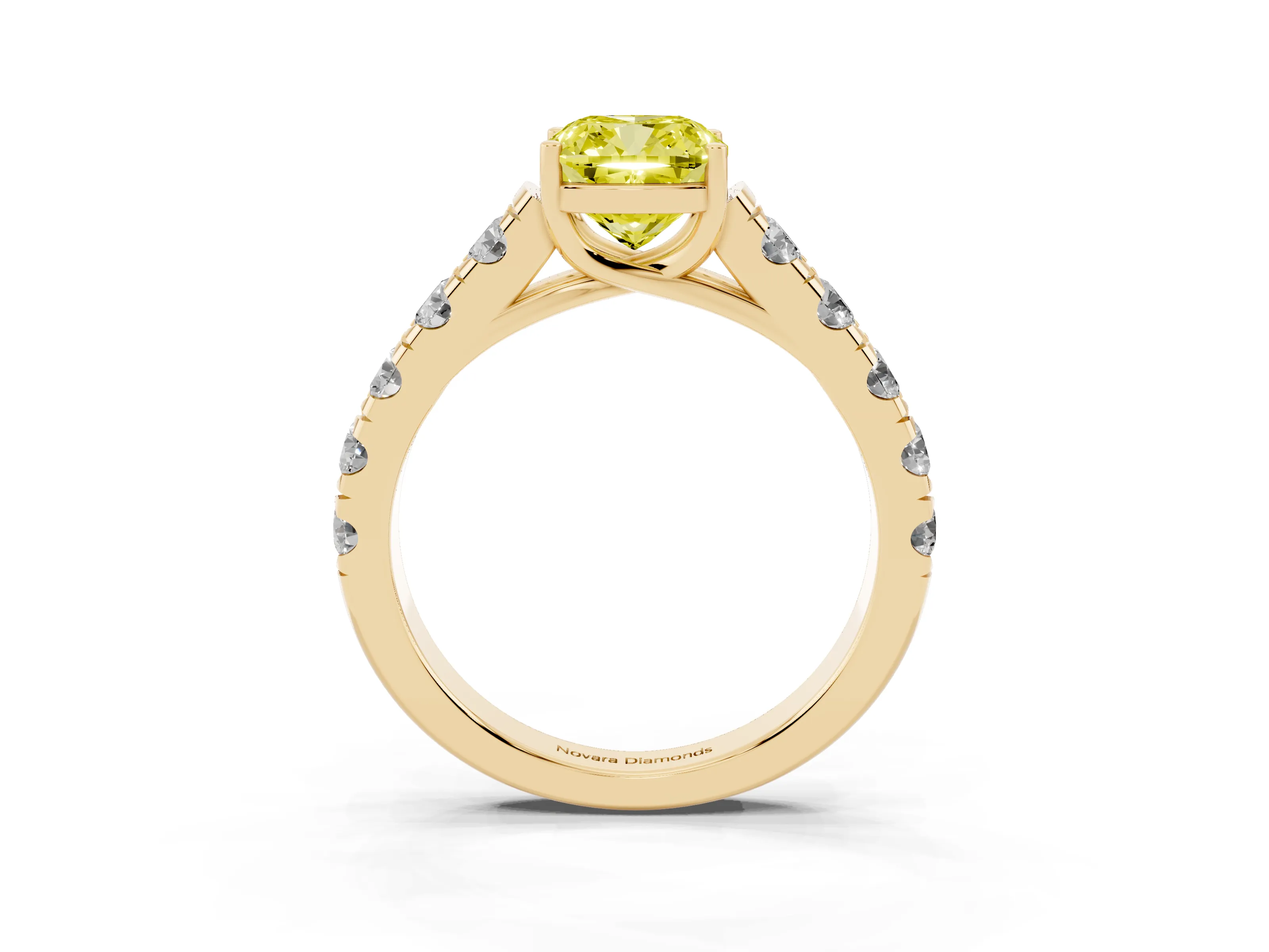 Fancy Yellow Cushion Cut Diamond Solitaire Ring Set in Yellow gold with Cut-Down Micro Pavé Band and Prong Setting