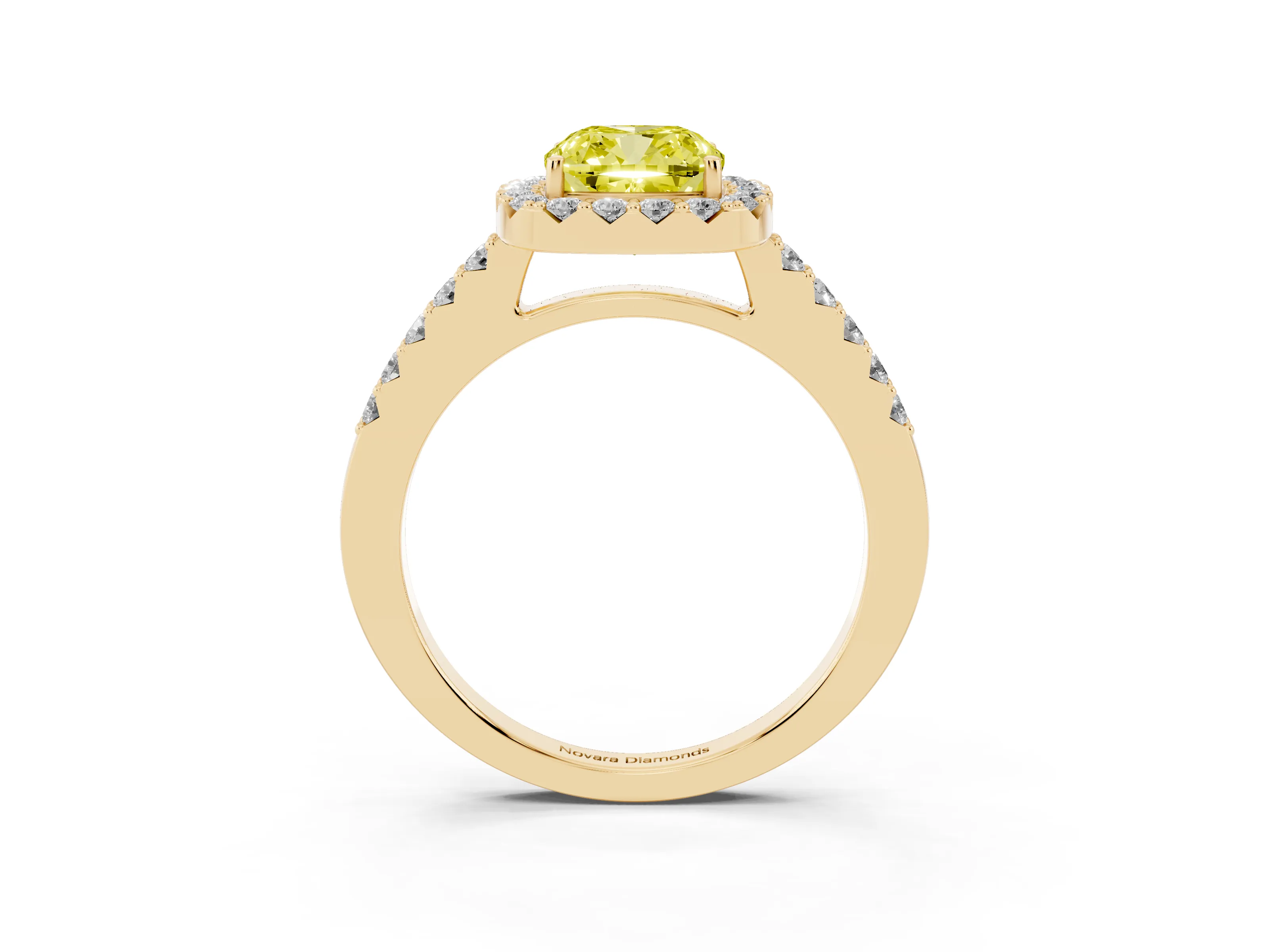 Fancy Yellow Cushion Cut Diamond Halo Pavé Solitaire Ring Set in Yellow gold with Prong-Set Center Stone