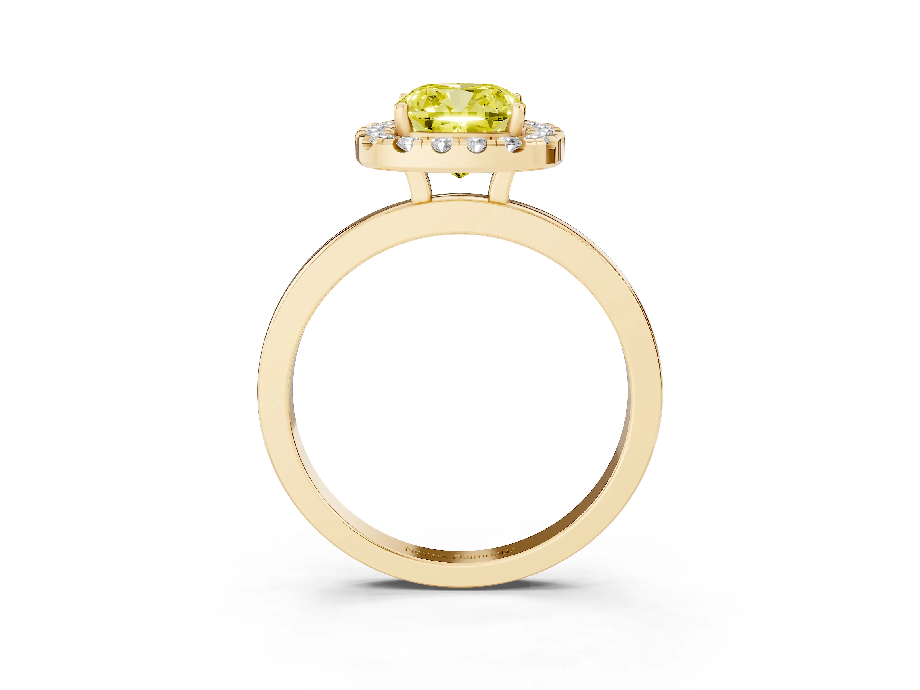 Fancy Yellow Cushion Cut Diamond Halo Solitaire Ring Set in Yellow gold with Pavé Band and Prong Setting