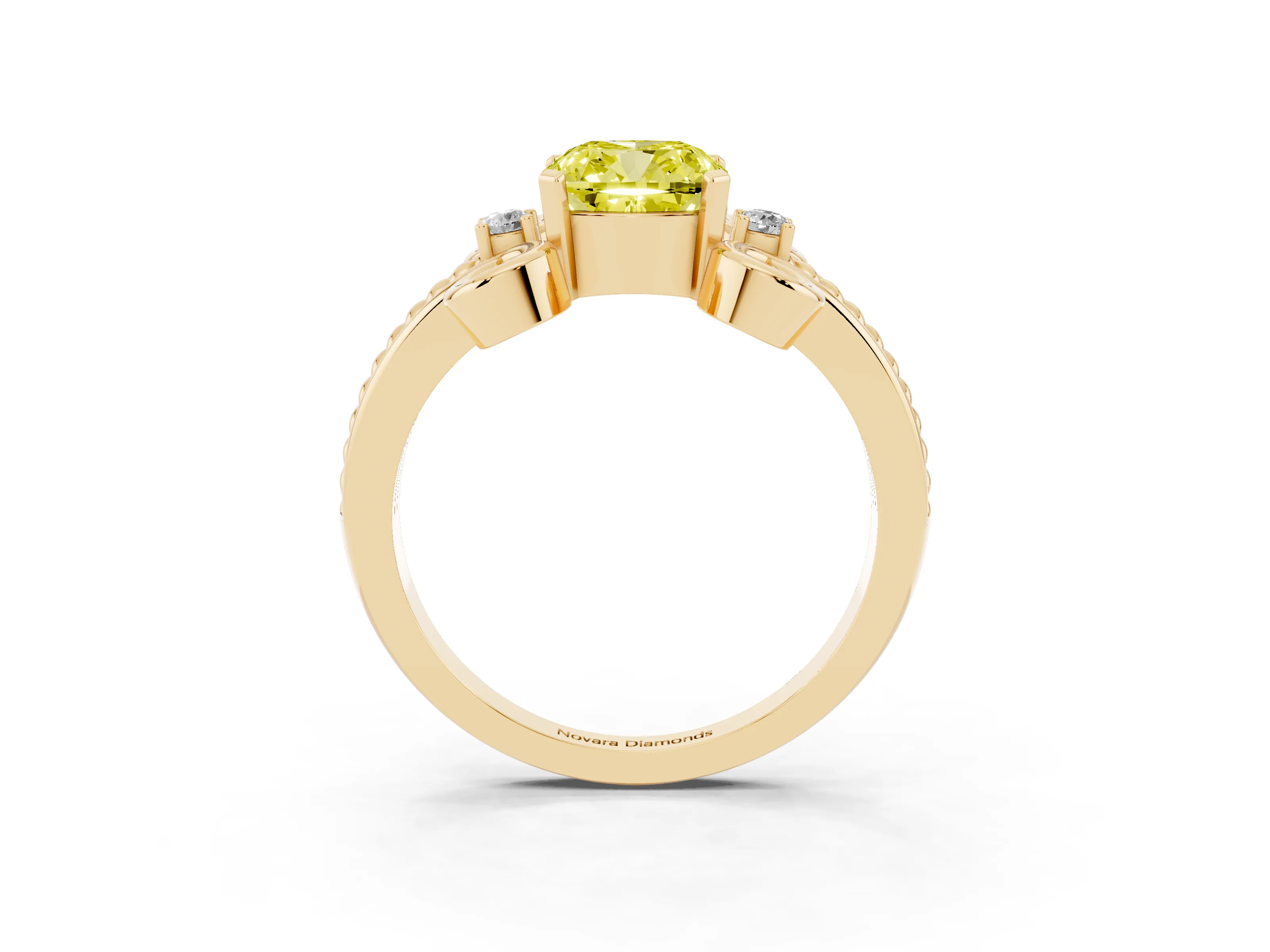 Fancy Yellow Cushion Cut Diamond Twisted Band Solitaire Ring Set in Yellow gold with Scroll Prongs