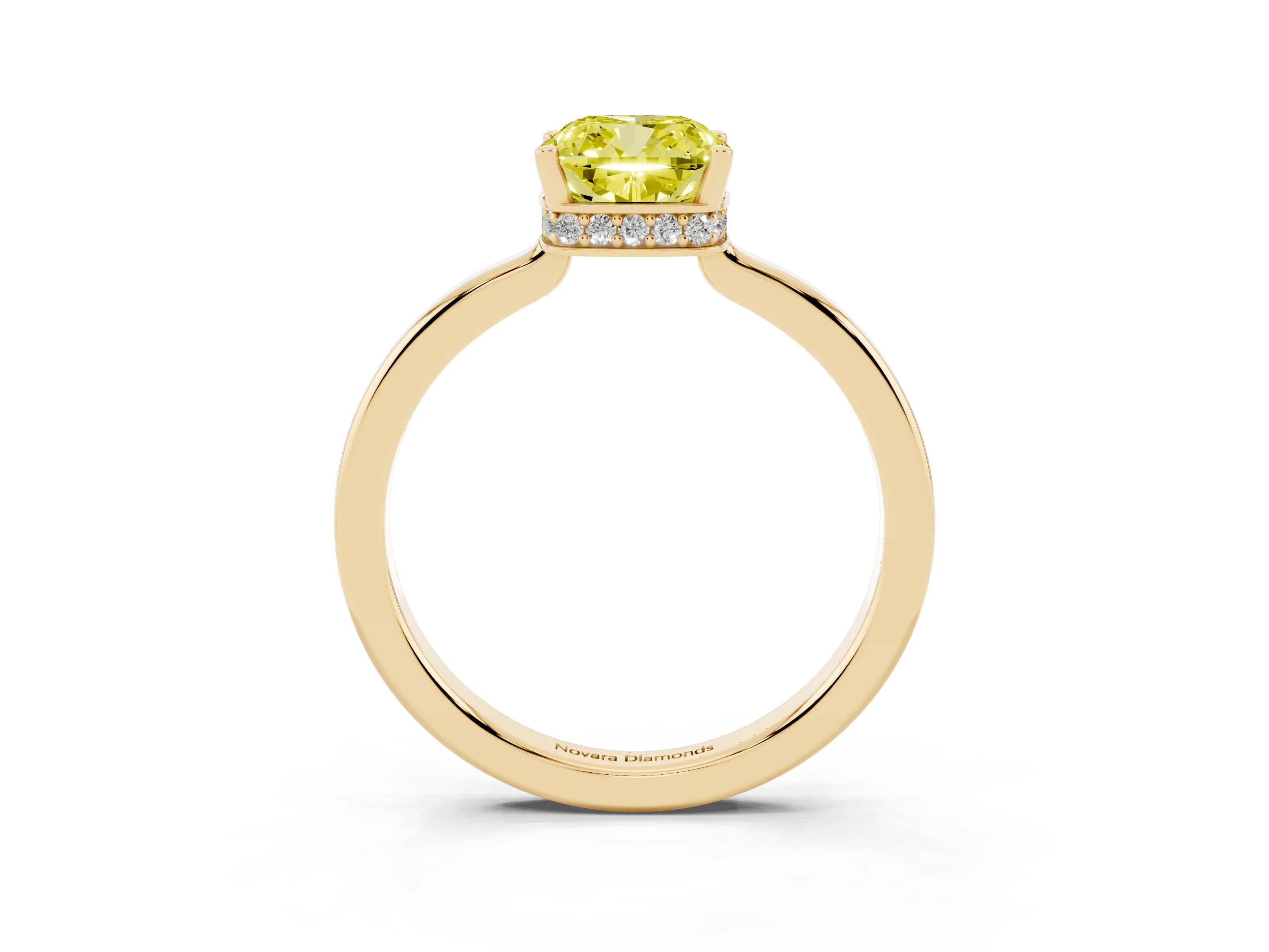 Fancy Yellow Cushion Cut Diamond Solitaire Engagement Ring Set in Yellow gold with Prong Setting on a Plain Band