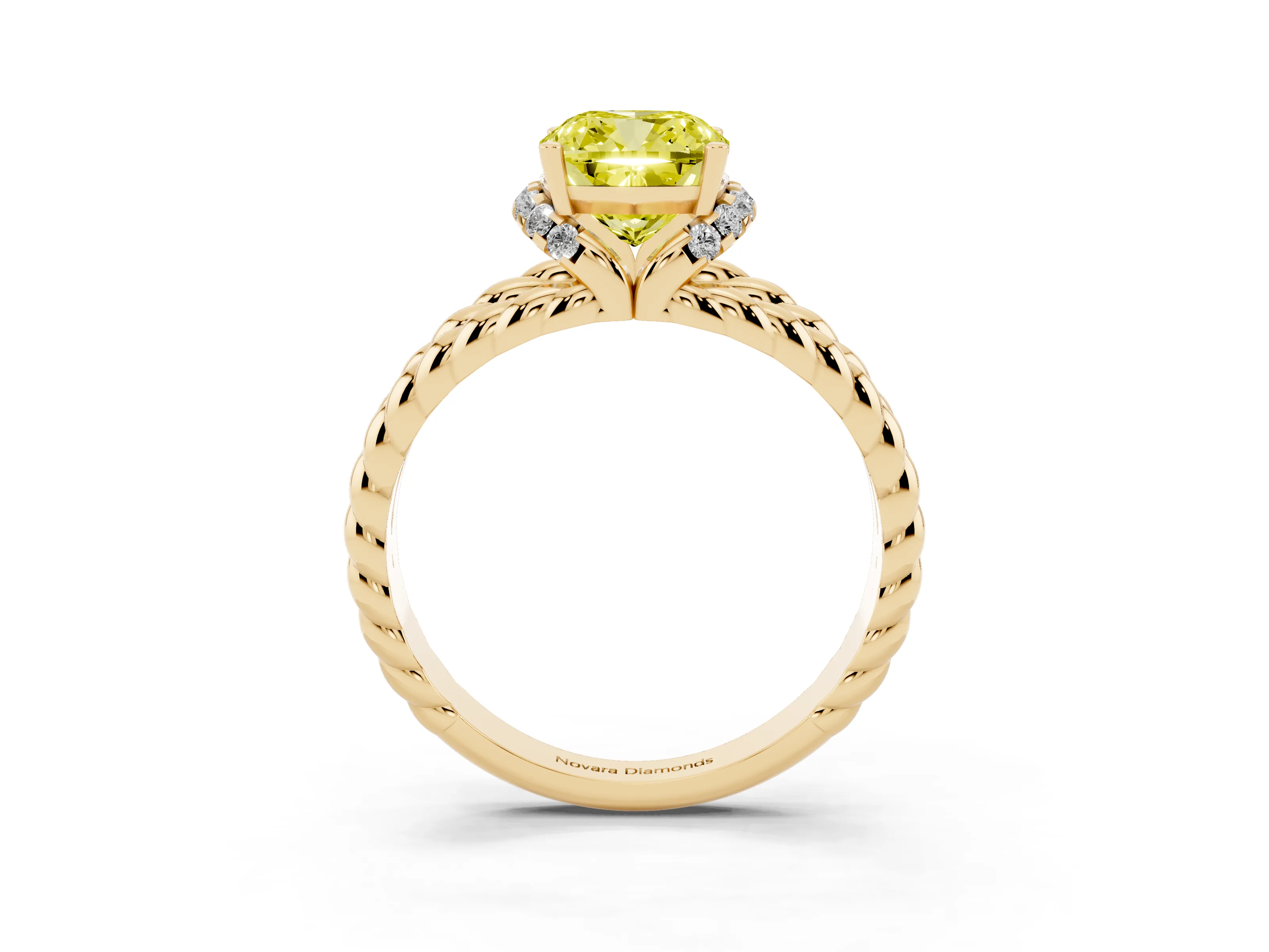 Fancy Yellow Cushion Cut Diamond Halo Ring Set in Yellow gold with Twisted Band and Prong Setting