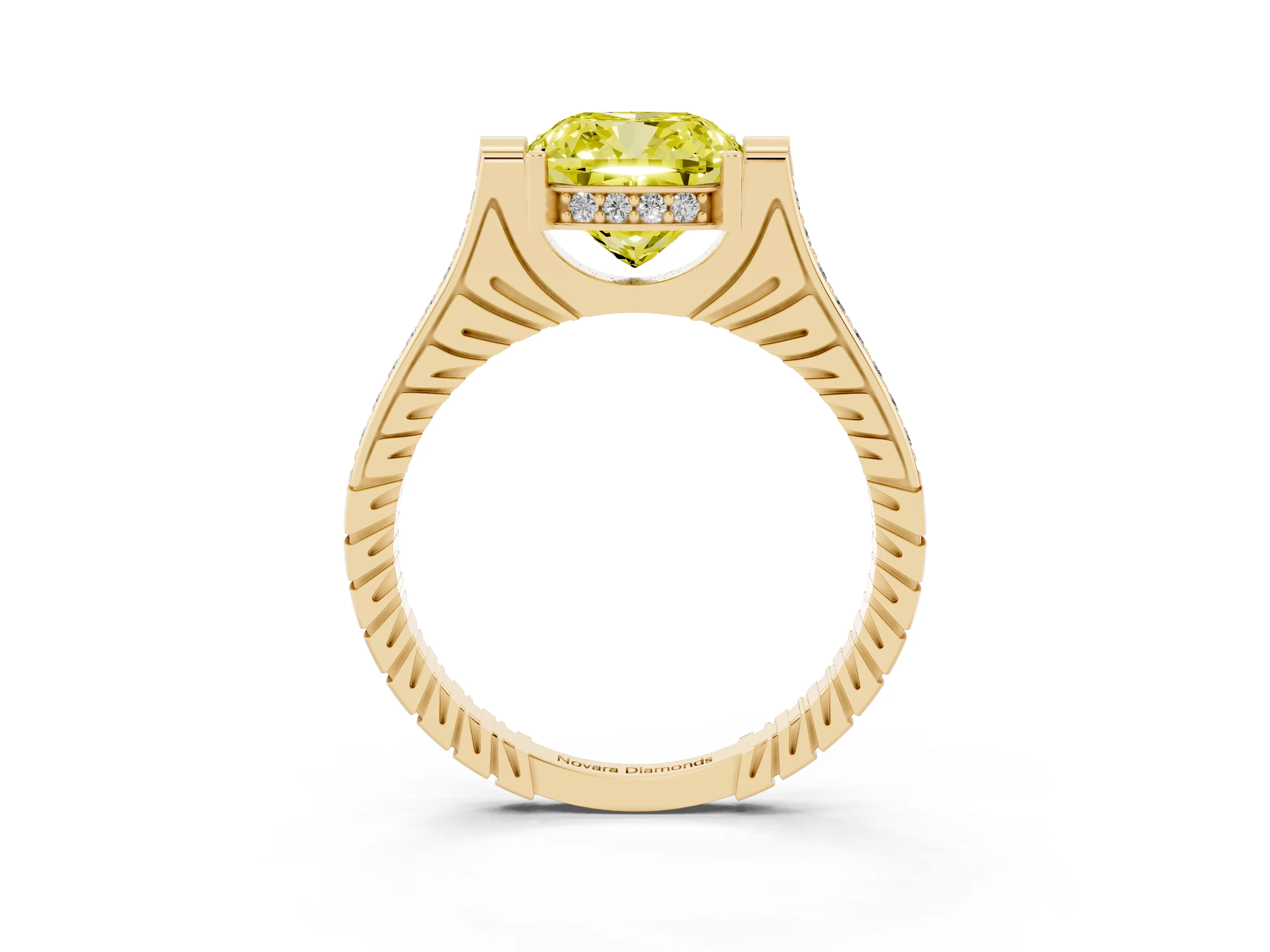 Fancy Yellow Cushion Cut Diamond Solitaire Ring Set in Yellow gold with Channel Set Band and Bezel Prong Setting
