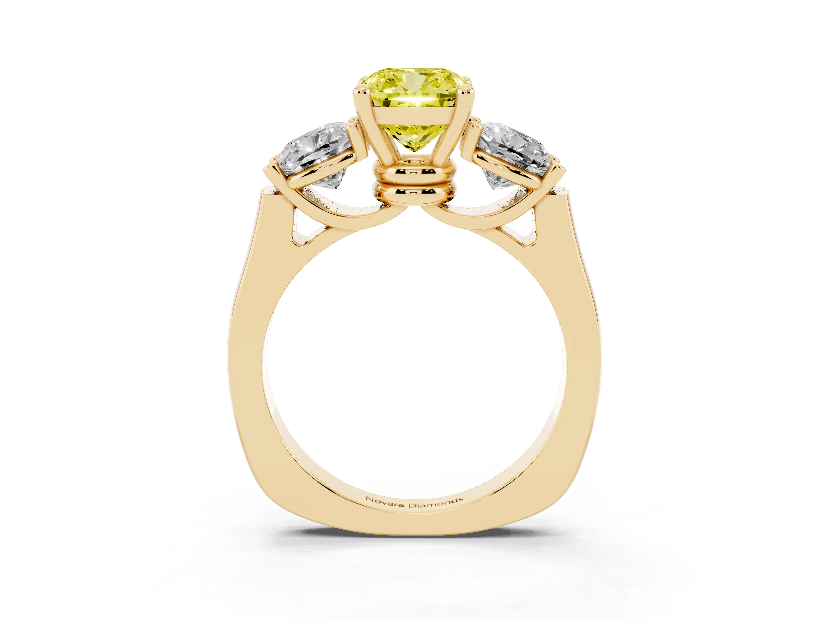 Fancy Yellow Cushion Cut Diamond Three-Stone Trellis Ring Set in Yellow gold with Comfort Fit Band