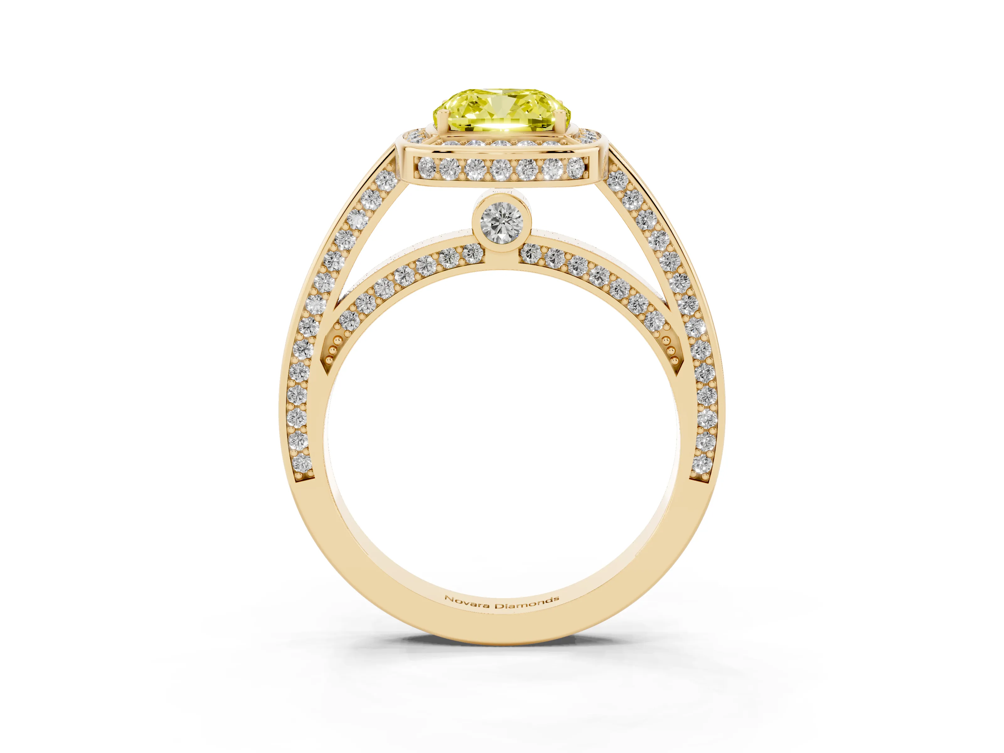 Fancy Yellow Cushion Cut Diamond Halo Pavé Split Shank Ring Set in Yellow gold with Prong Setting