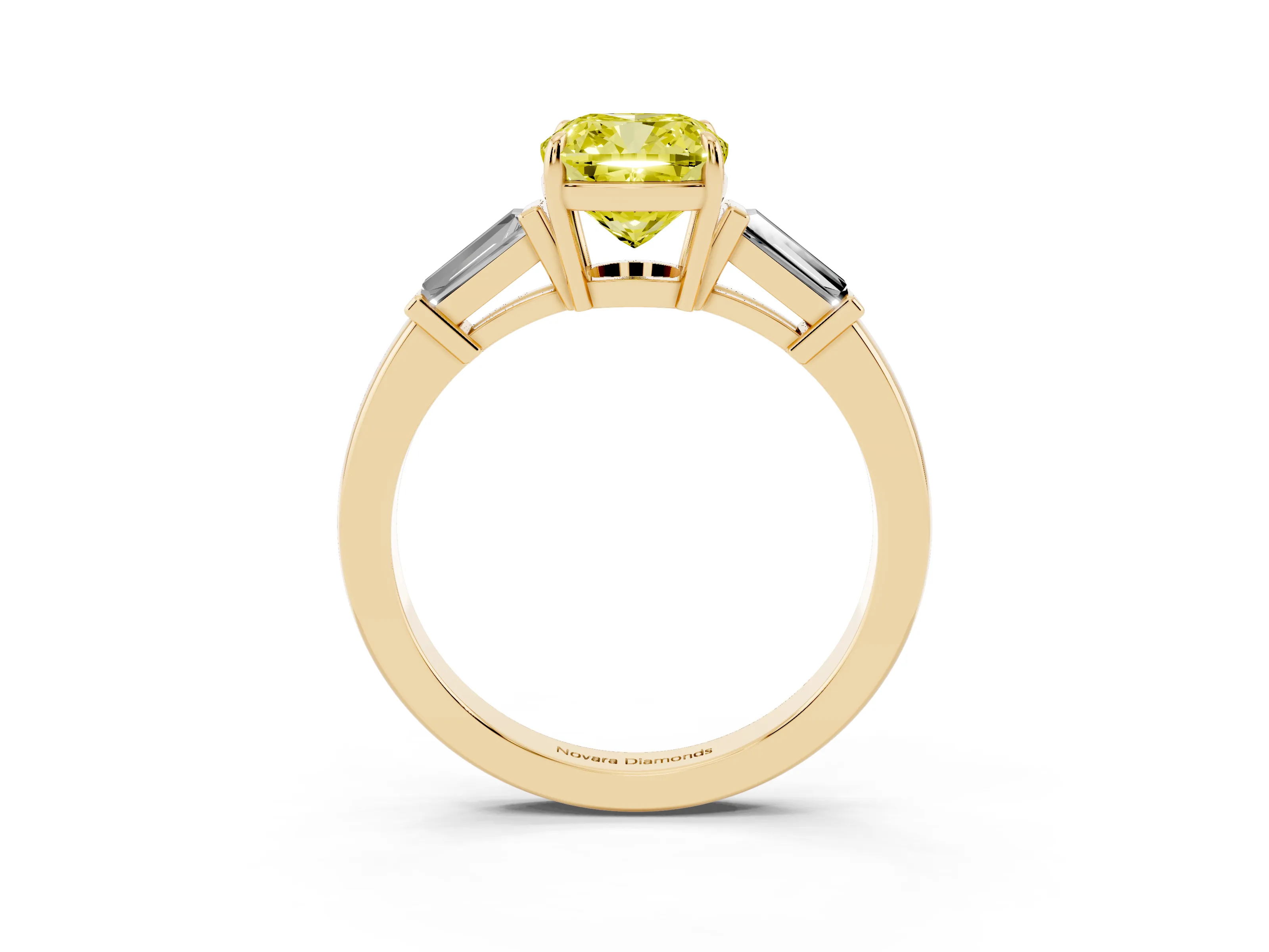 Fancy Yellow Cushion Cut Diamond Three-Stone Ring Set in Yellow gold with Tapered Baguette Side Stones and Prong Setting