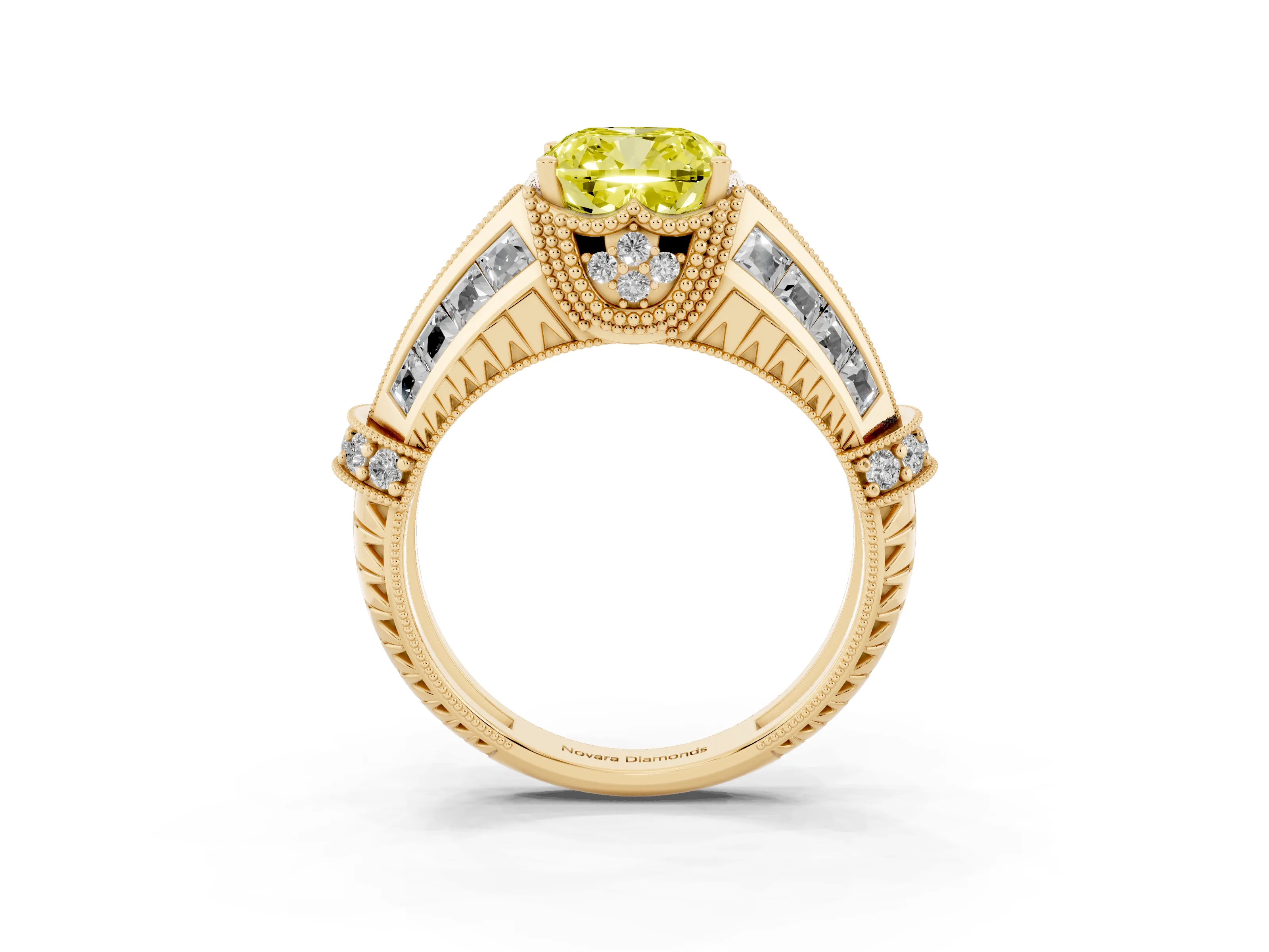 Fancy Yellow Cushion Cut Diamond Vintage-Inspired Milgrain Ring Set in Yellow gold with Accent Split Shank