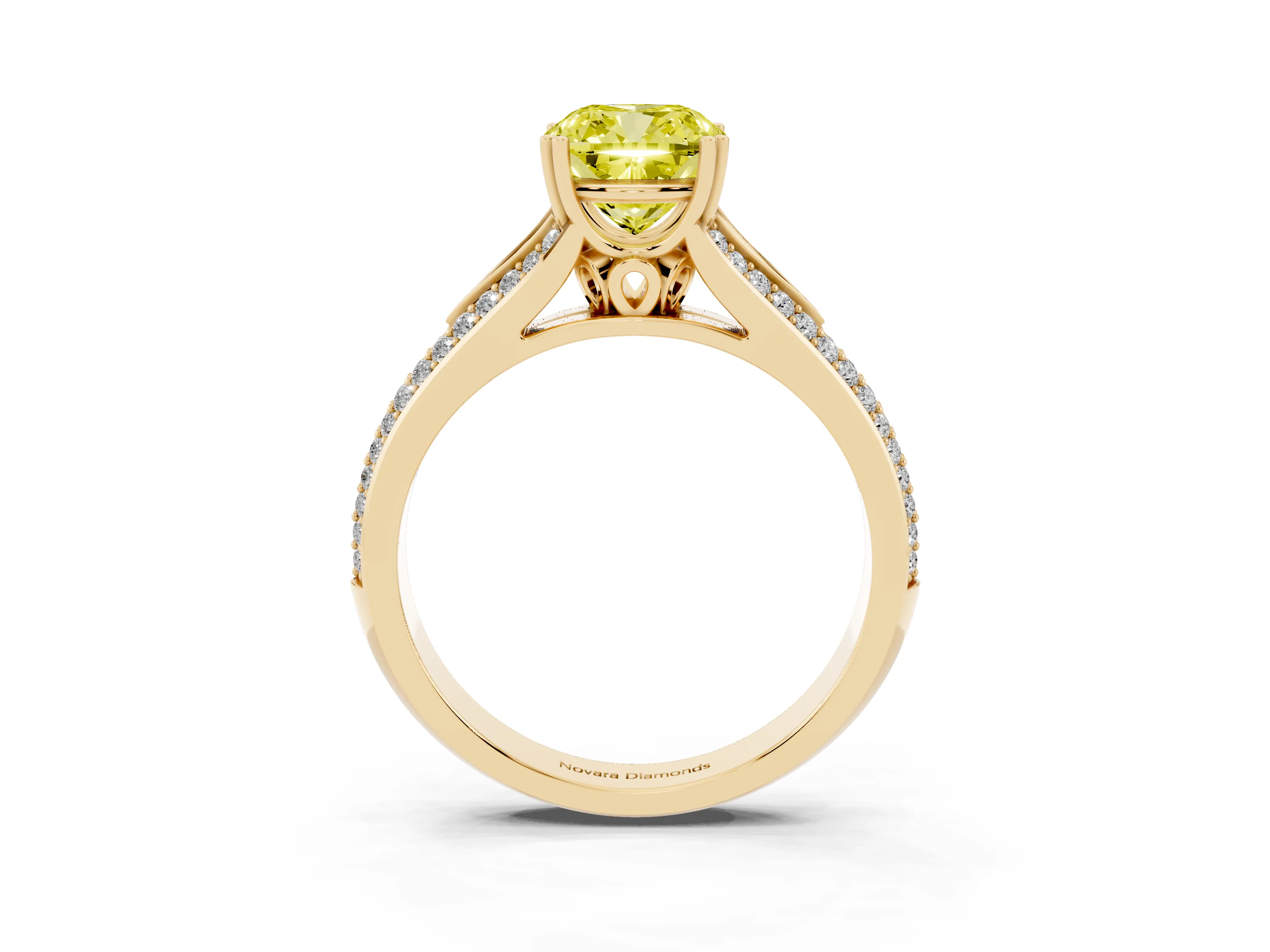 Fancy Yellow Cushion Cut Diamond Split Shank Pavé Engagement Ring Set in Yellow gold with Prong-Set Center Stone