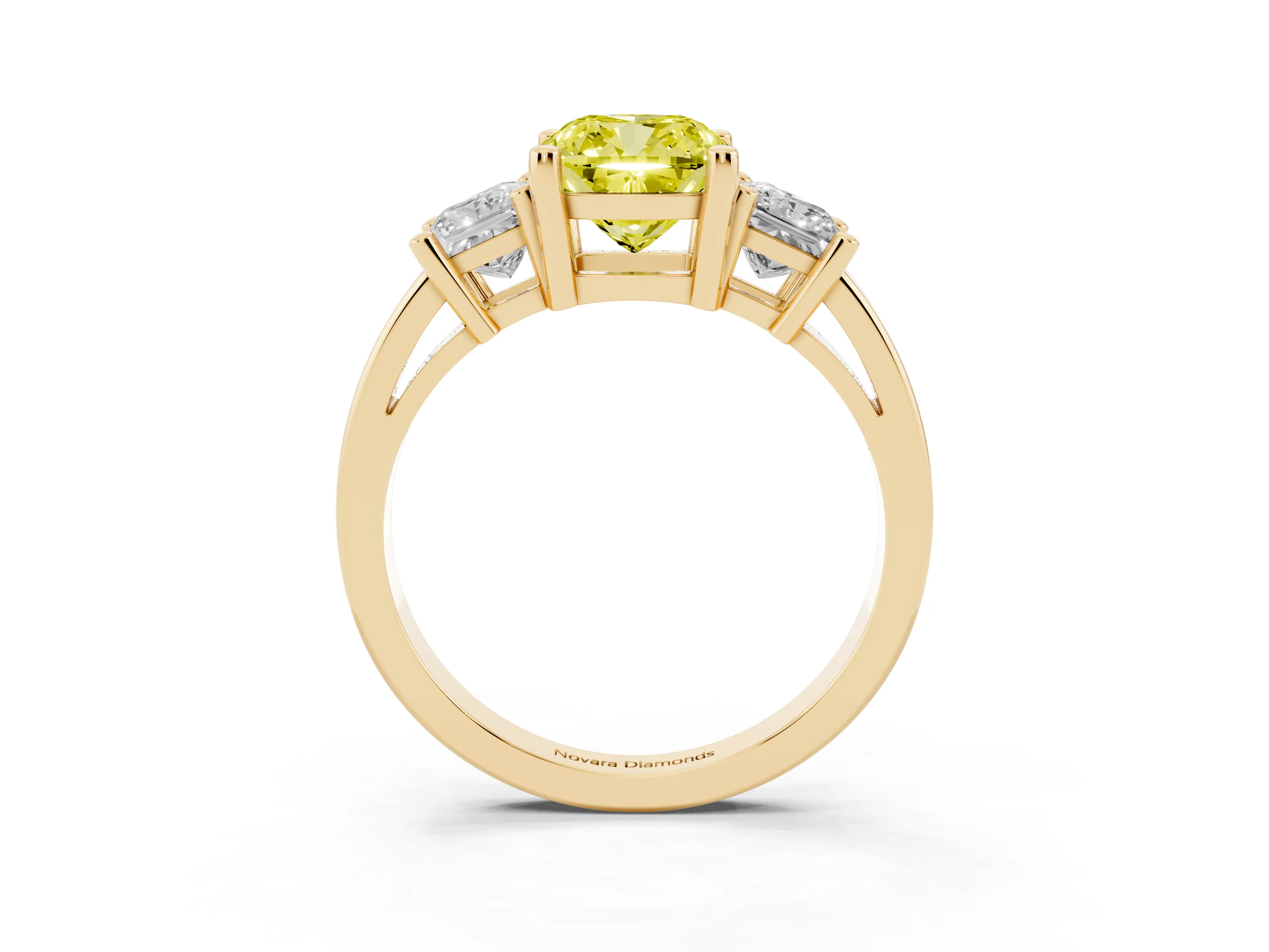 Fancy Yellow Three-Stone Cushion Cut Diamond Solitaire Ring Set in Yellow gold with Prong Setting