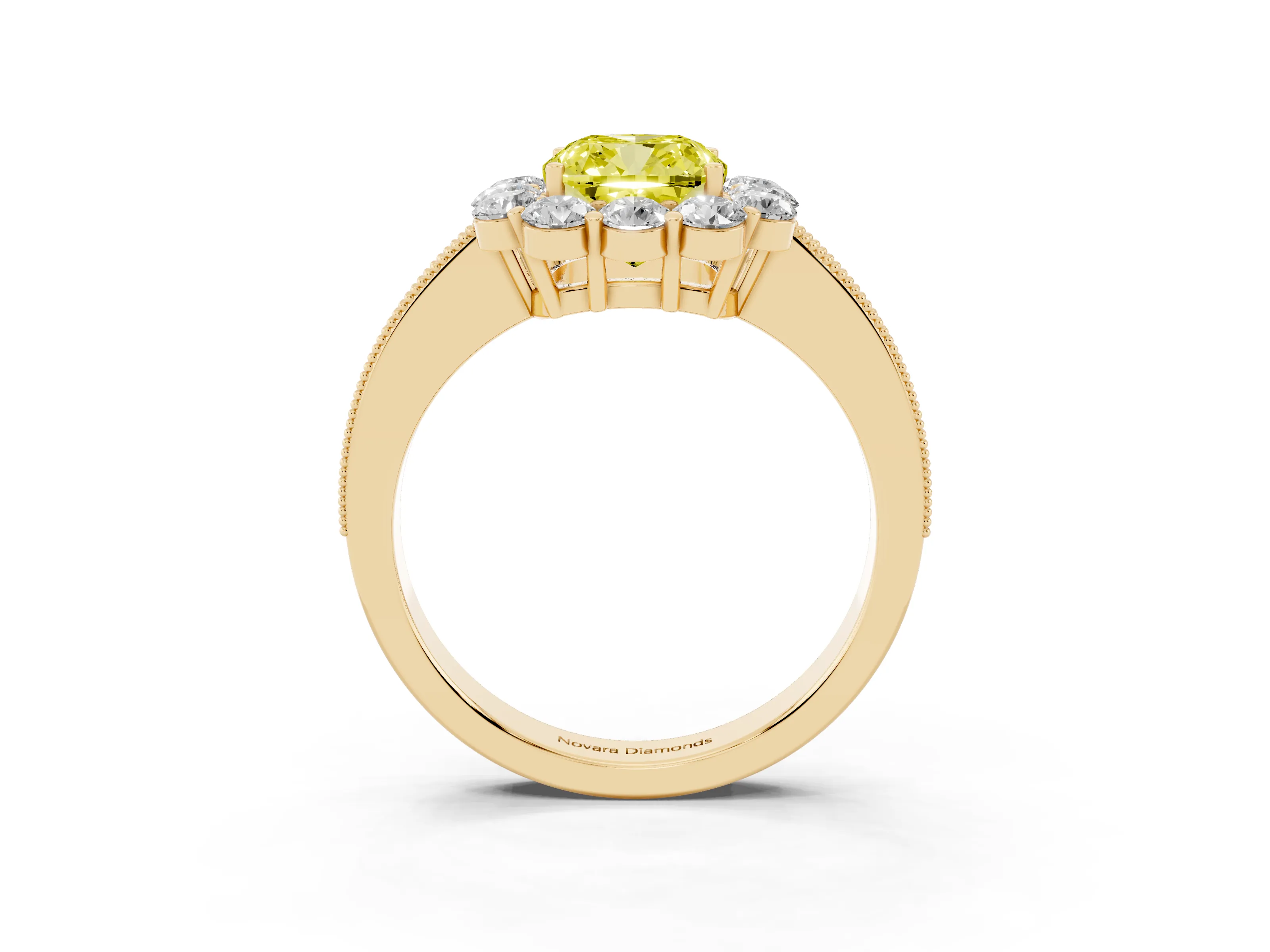 Fancy Yellow Cushion Cut Diamond Halo Pavé Engagement Ring Set in Yellow gold with Milgrain Detailing