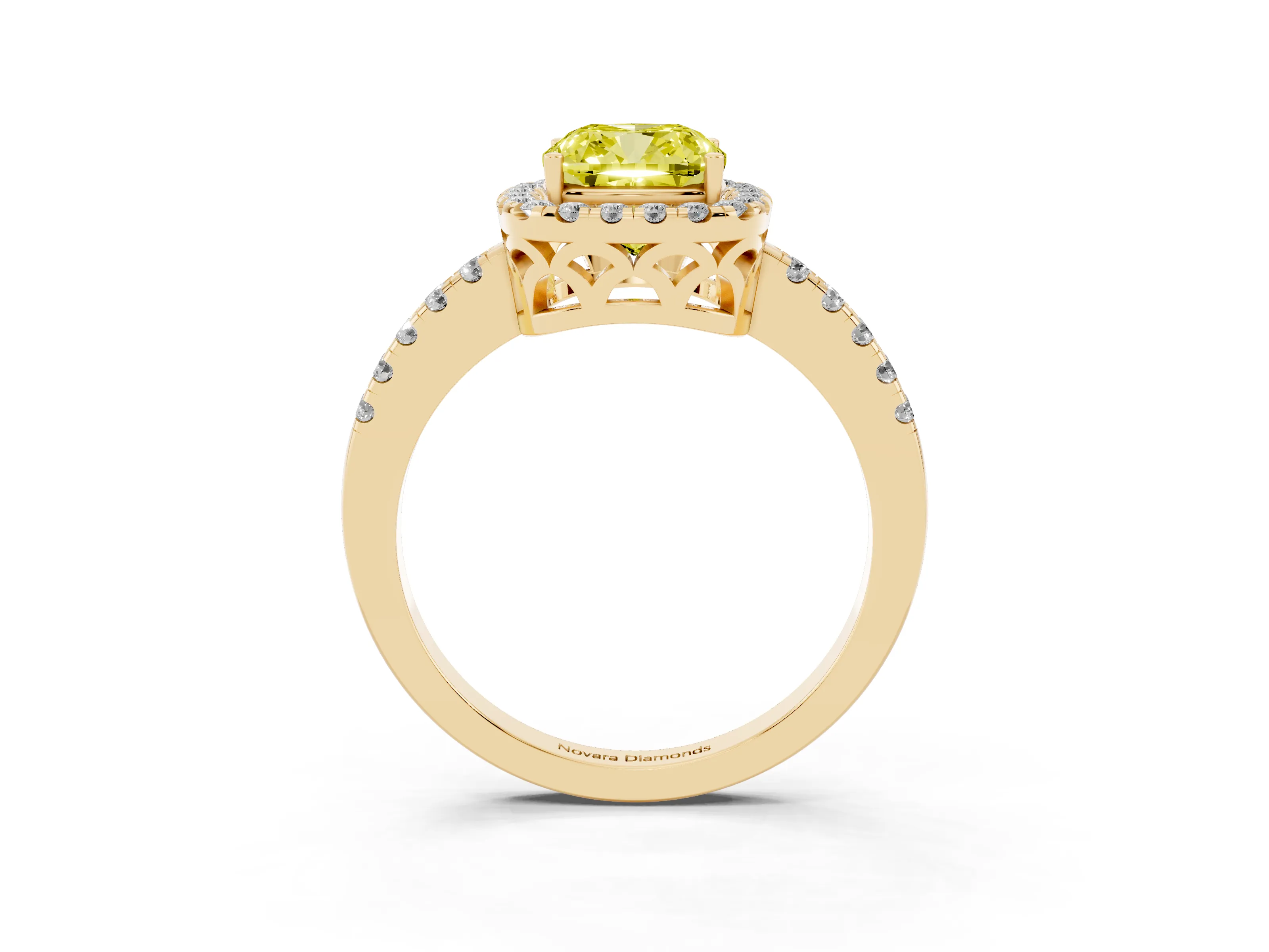 Fancy Yellow Cushion Cut Diamond Pavé Band Halo Engagement Ring Set in Yellow gold with Prong Setting