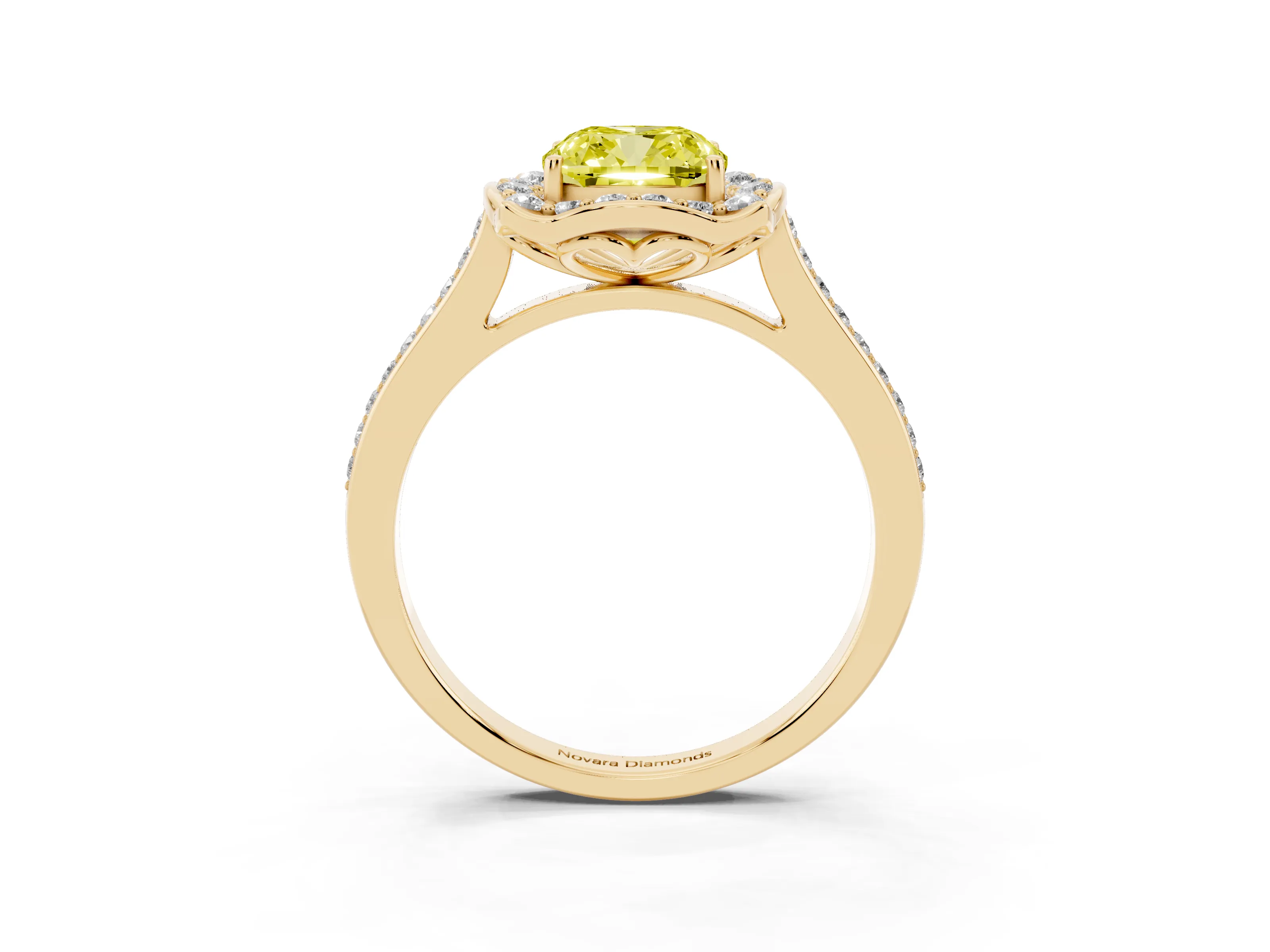 Fancy Yellow Cushion Cut Diamond Halo Ring Set in Yellow gold with Pavé-Lined Shoulders and Prong Setting