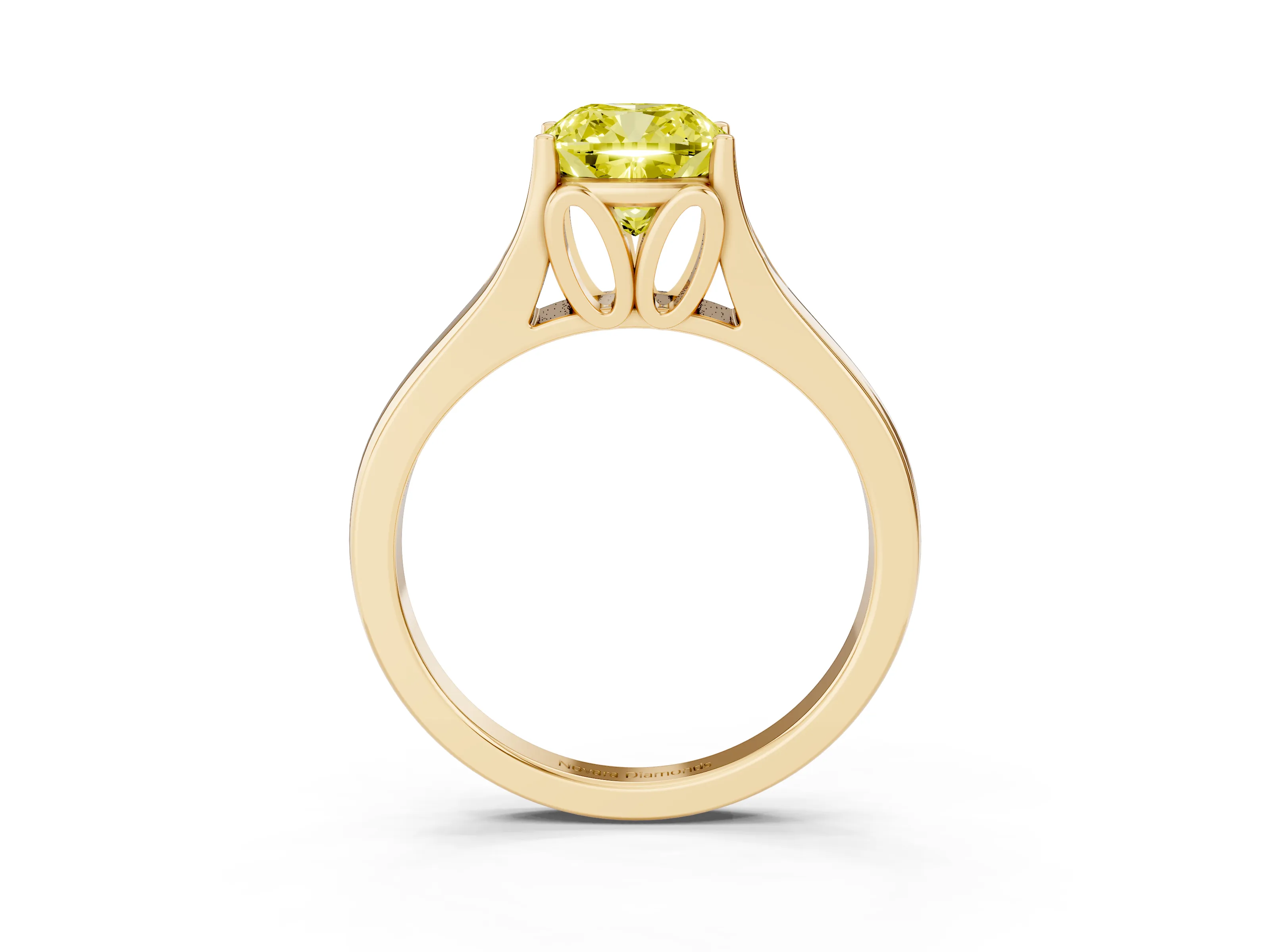 Fancy Yellow Cushion Cut Diamond Solitaire Ring Set in Yellow gold with Arched Cathedral Band and Prong Setting