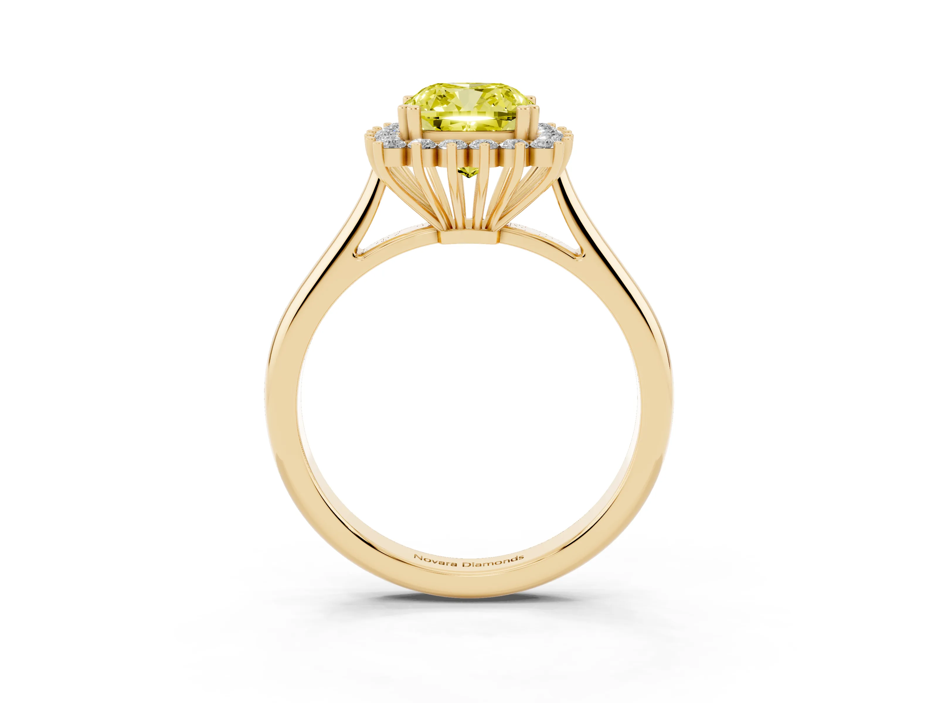 Fancy Yellow Cushion Cut Diamond Halo Ring Set in Yellow gold with Plain Solitaire Band and Prong Setting