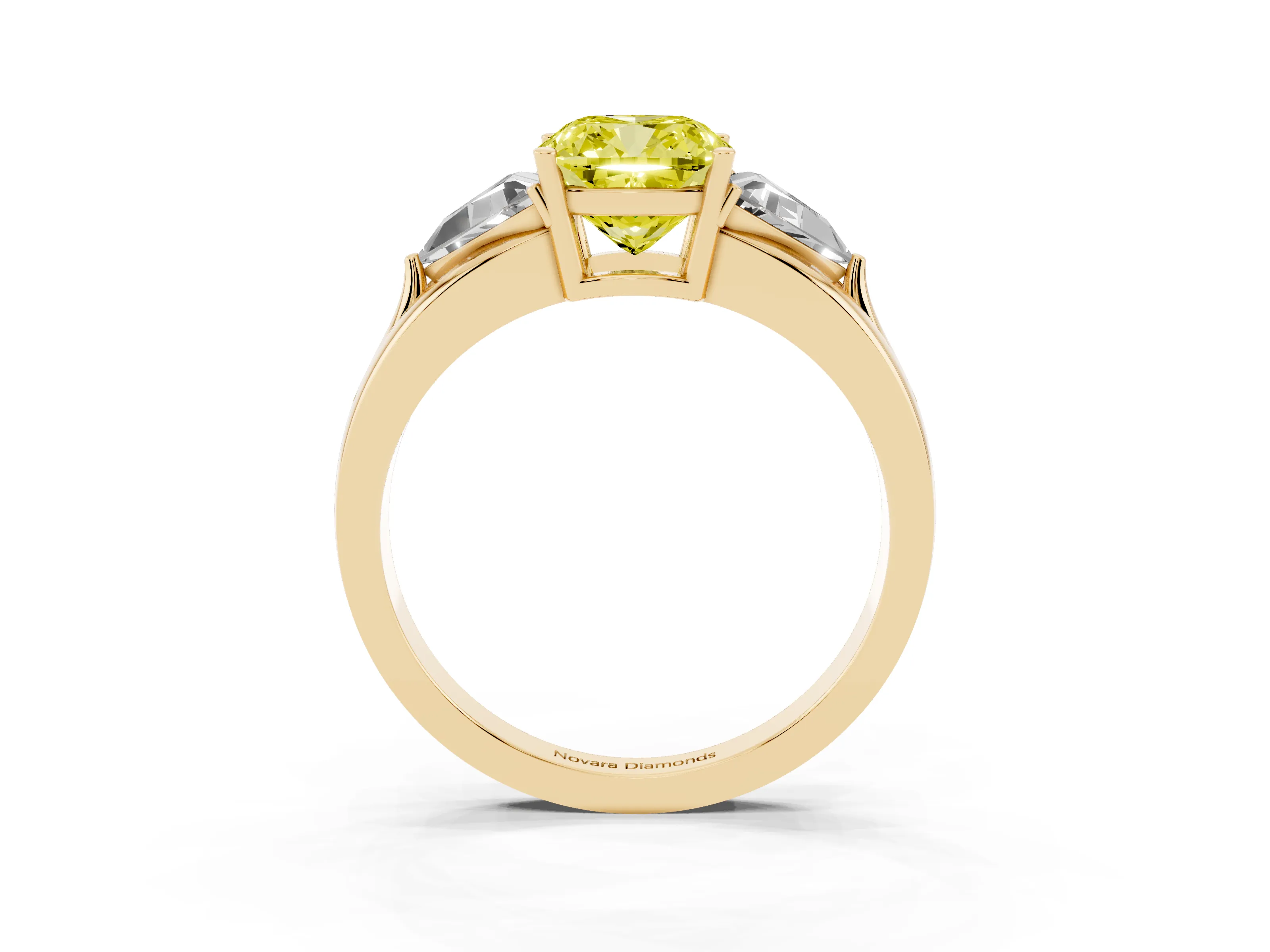 Fancy Yellow Cushion Cut Diamond Three-Stone Ring Set in Yellow gold with Trillion Side Stones and Split Shank