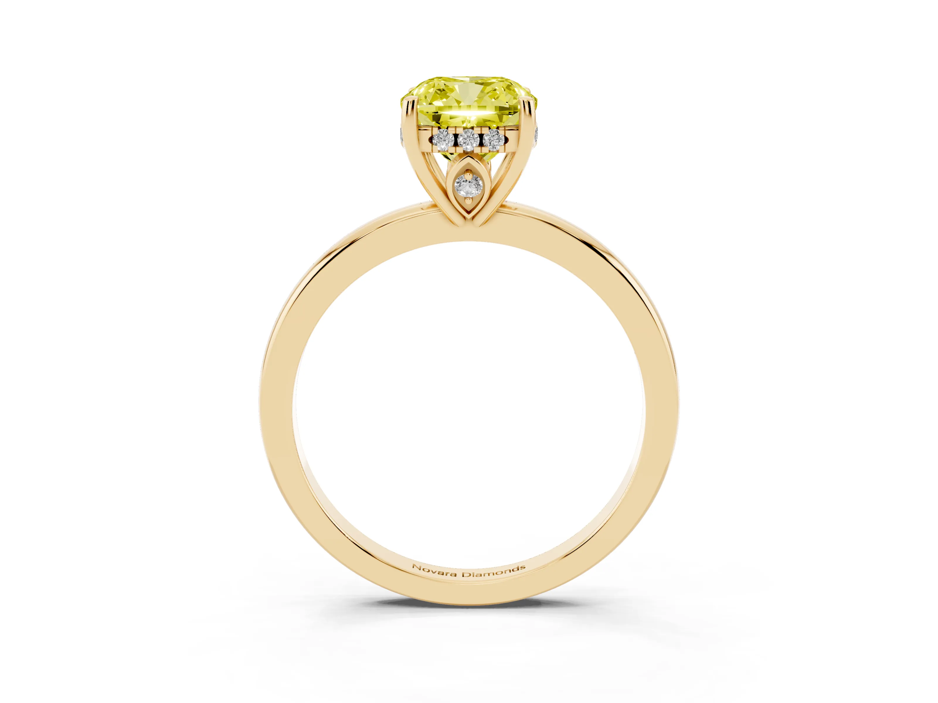 Fancy Yellow Cushion Cut Diamond Solitaire Ring Set in Yellow gold with Plain Band and Prong Setting