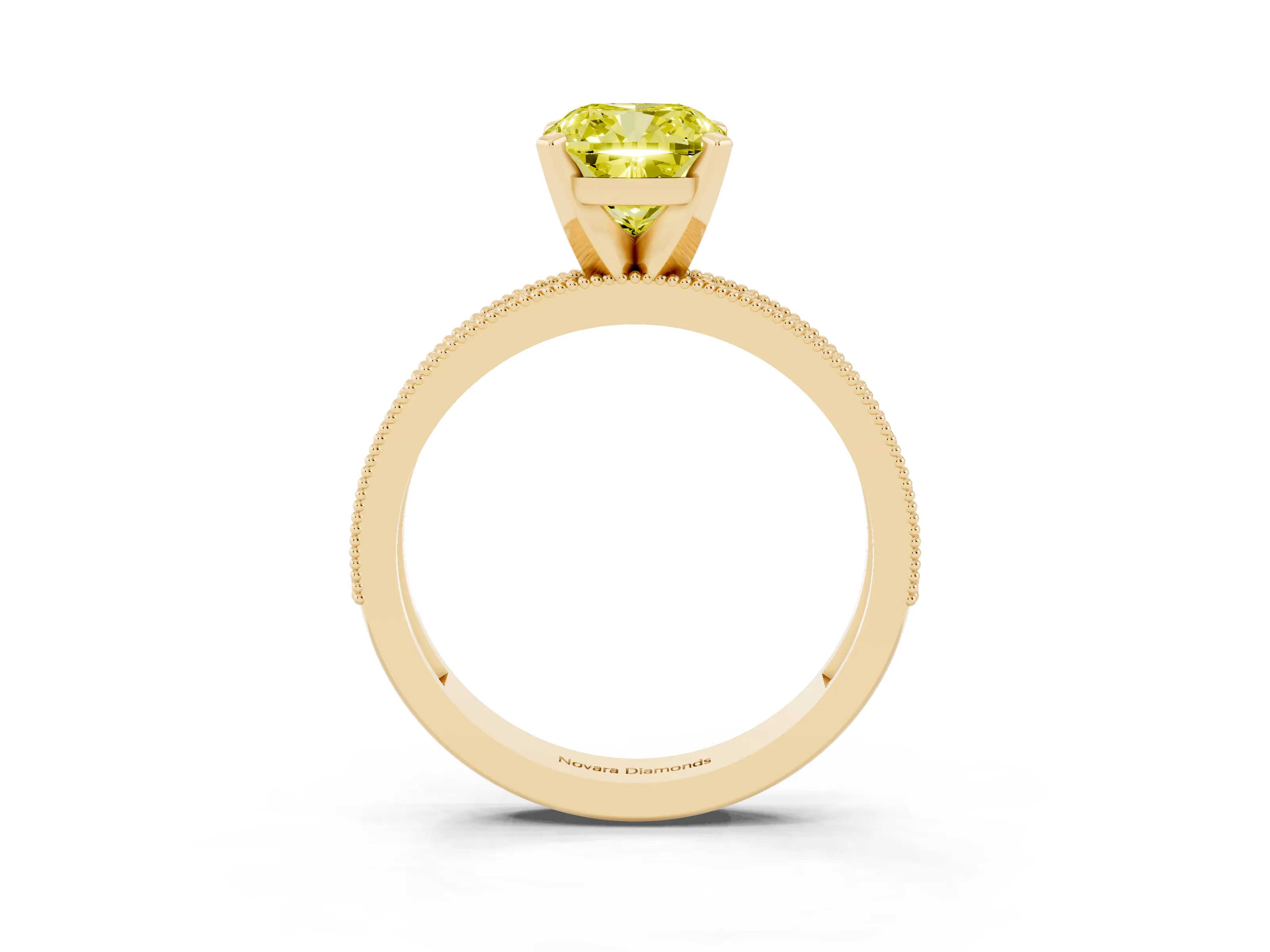 Fancy Yellow Cushion Cut Diamond Milgrain Pavé Engagement Ring Set in Yellow gold with Prong Setting