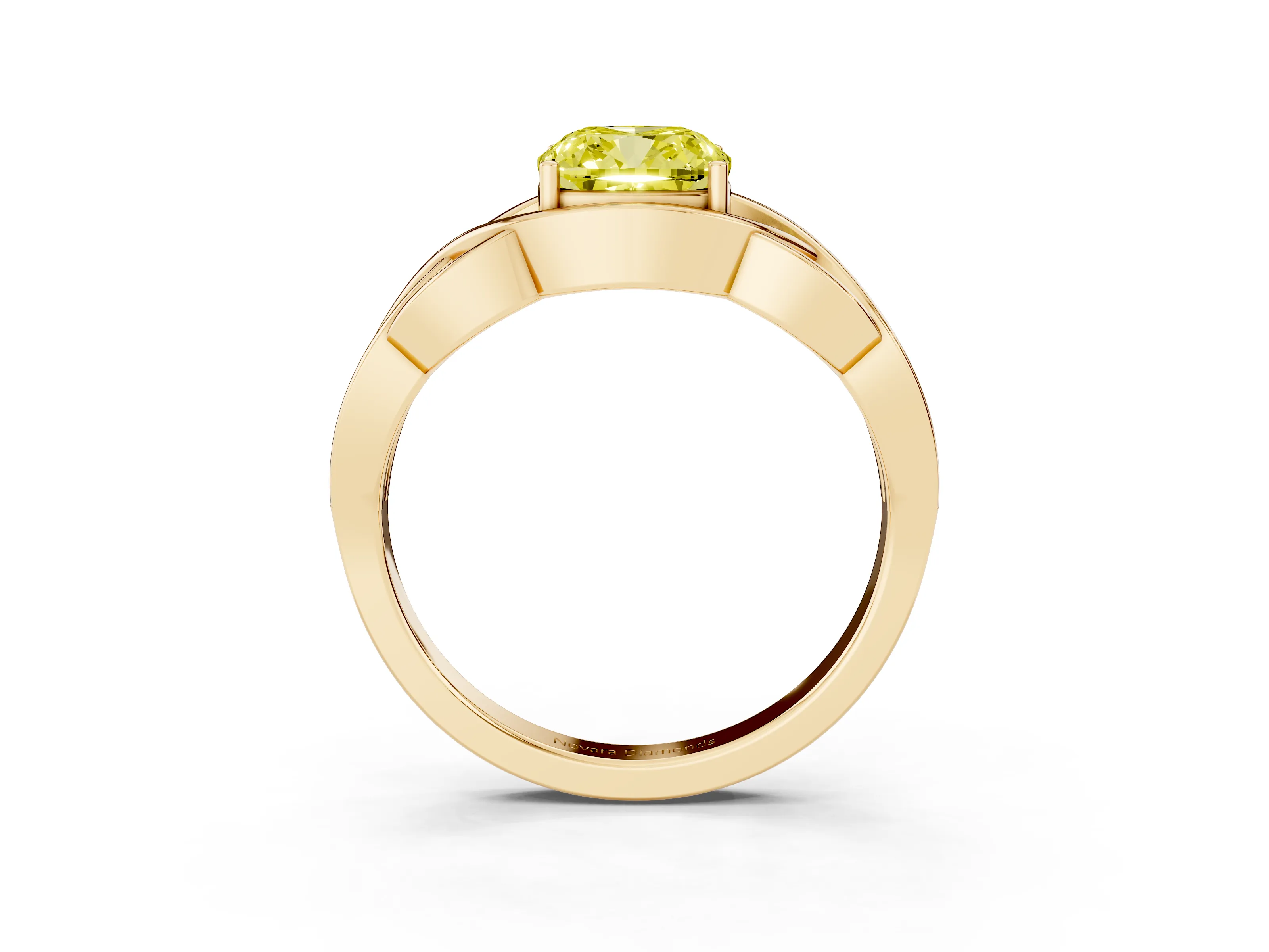 Fancy Yellow Cushion Cut Diamond Solitaire Ring Set in Yellow gold with Intertwined Band