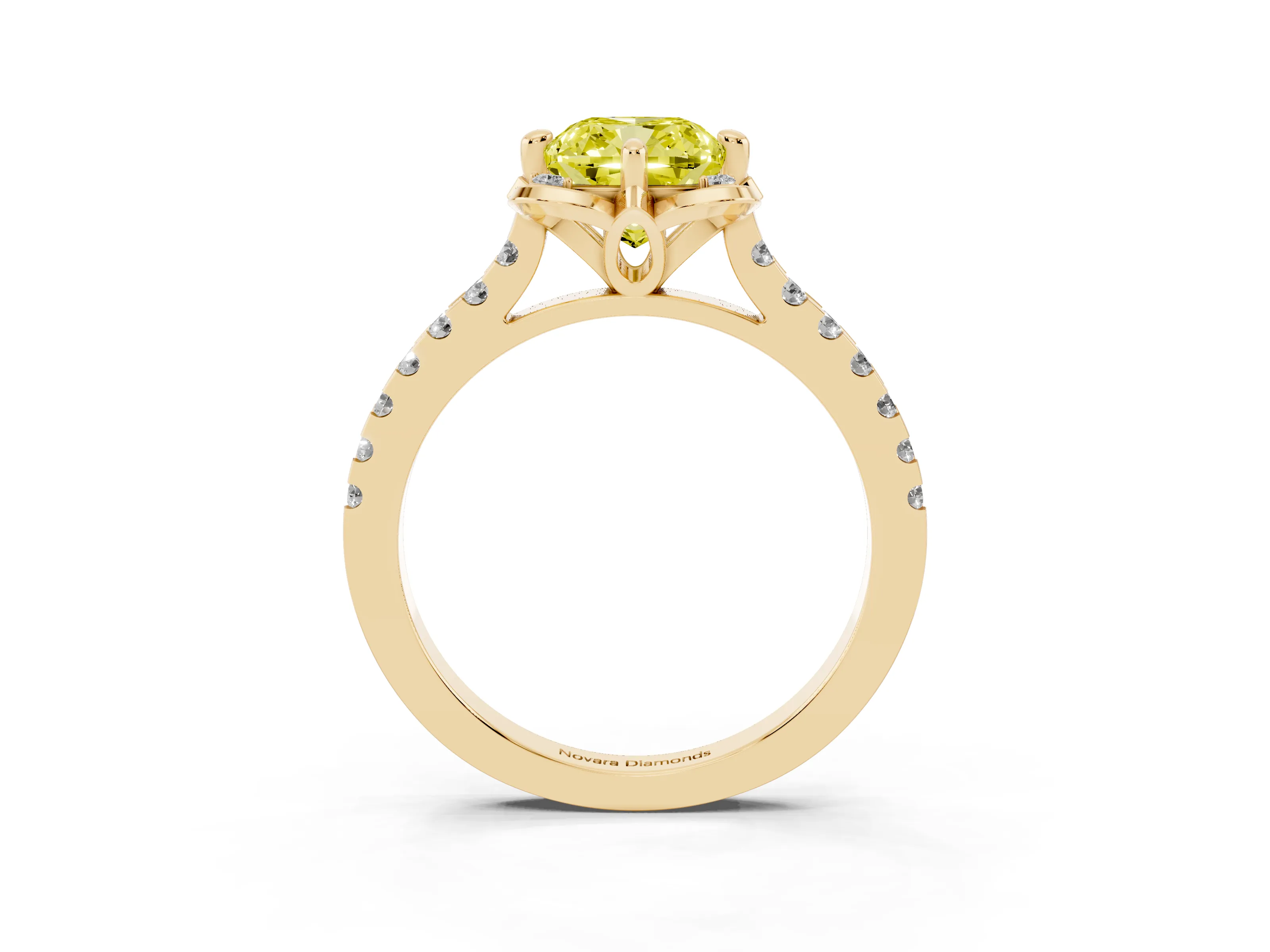 Fancy Yellow Cushion Cut Diamond Solitaire Ring Set in Yellow gold with Pavé Band and Floral Prong Setting