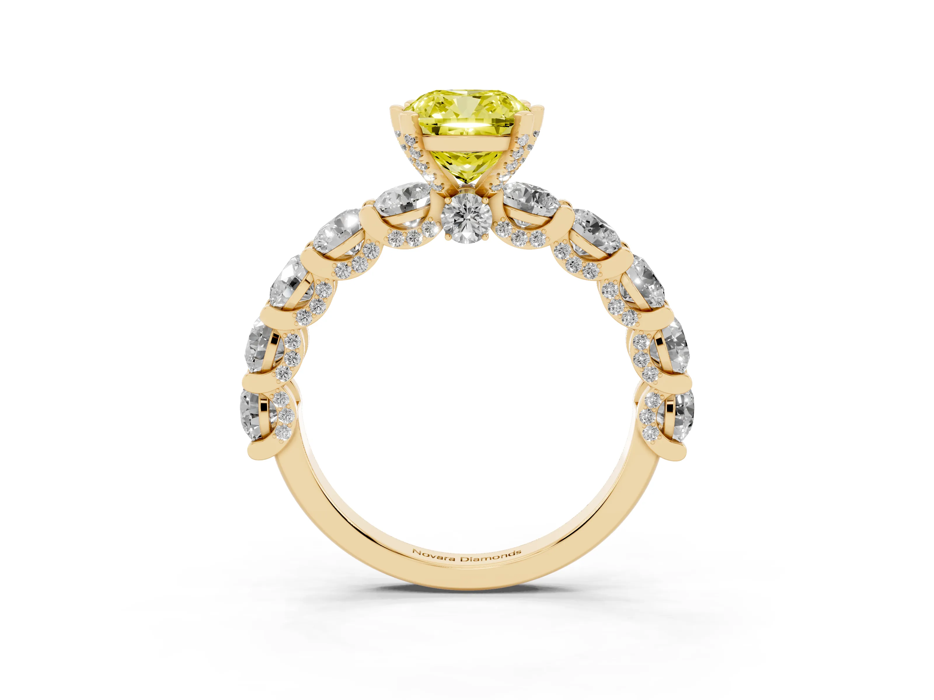Fancy Yellow Cushion Cut Diamond Side Stone Ring Set in Yellow gold with Alternating Round and Oval Side Stones