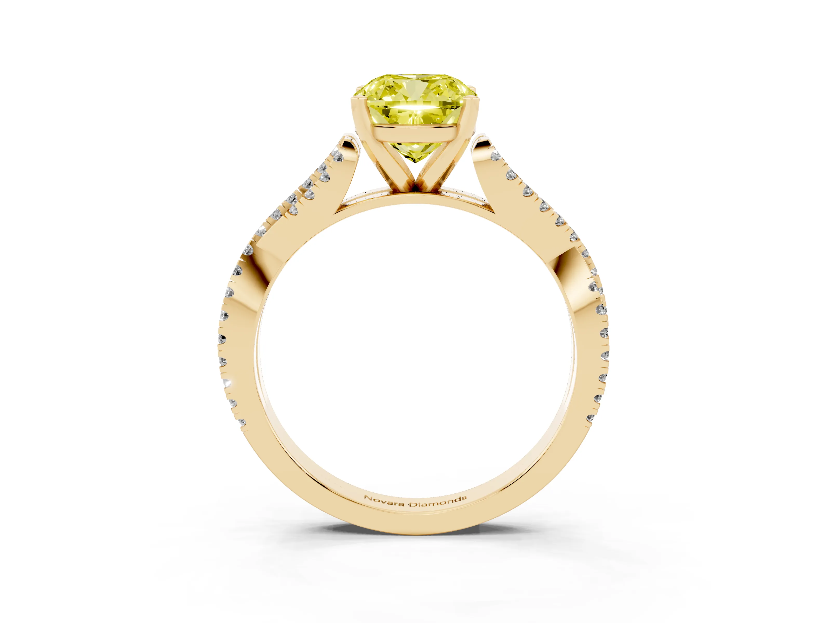 Fancy Yellow Cushion Cut Diamond Solitaire Engagement Ring Set in Yellow gold with Twisted Pavé Band and Prong Setting