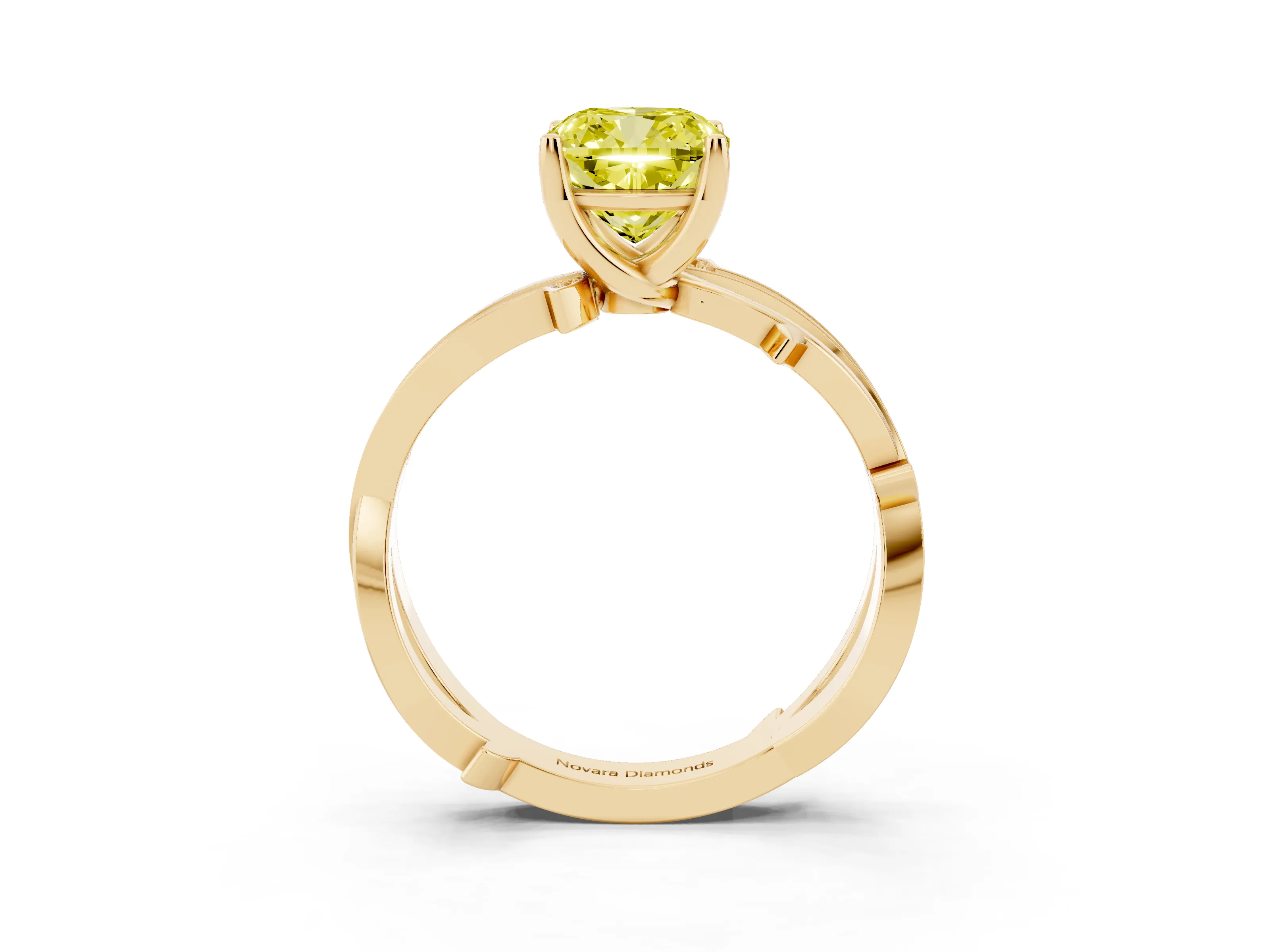Fancy Yellow Cushion Cut Diamond Pavé Twist Band Solitaire Ring Set in Yellow gold with Prong Setting