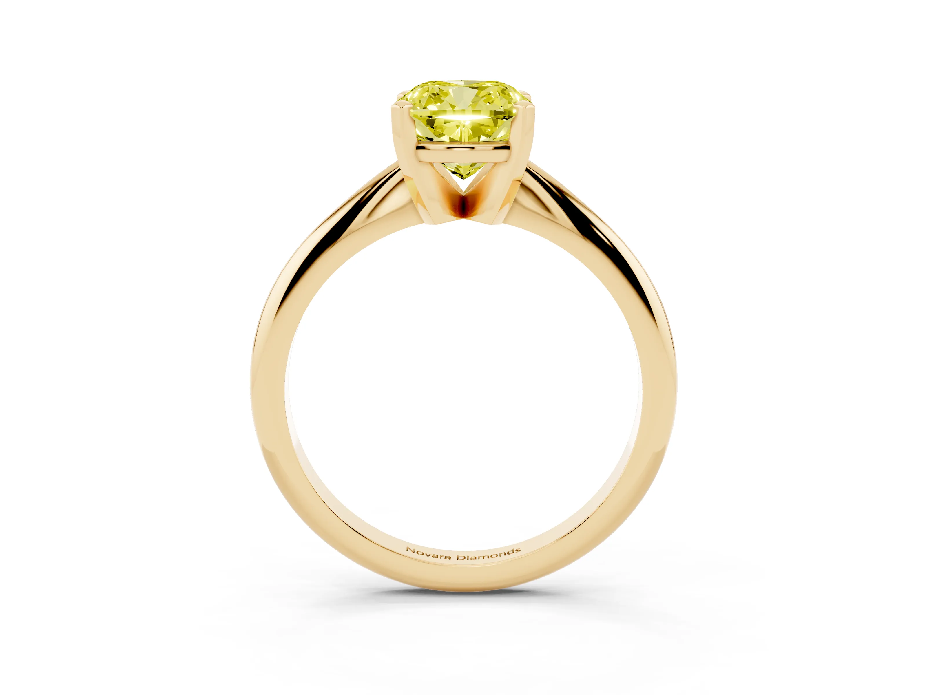 Fancy Yellow Cushion Cut Diamond Solitaire Ring Set in Yellow gold with Prong Setting on a Plain Round Band