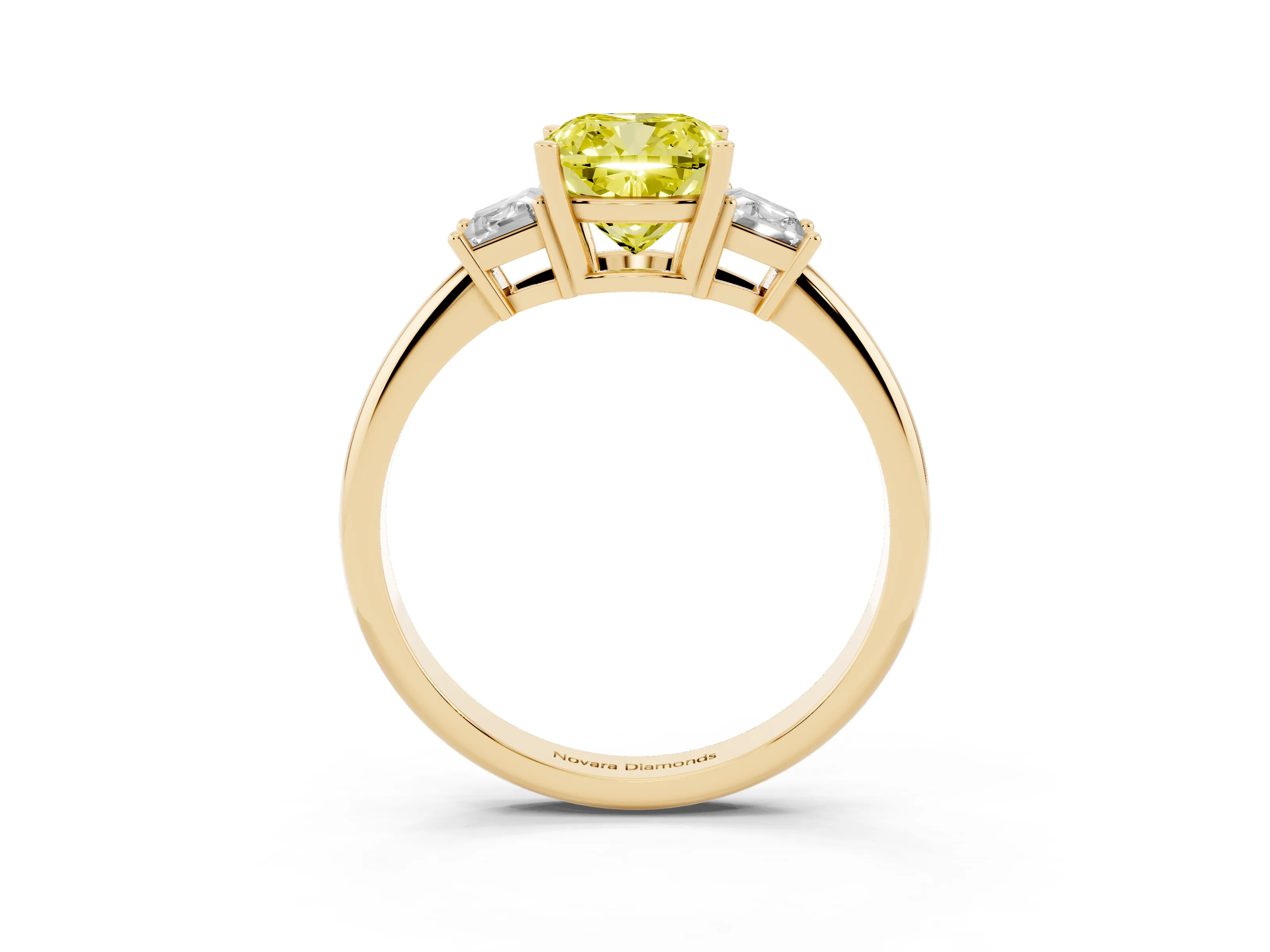 Fancy Yellow Cushion Cut Diamond Three-Stone Ring Set in Yellow gold with Trapezoid Side Stones and Prong Setting