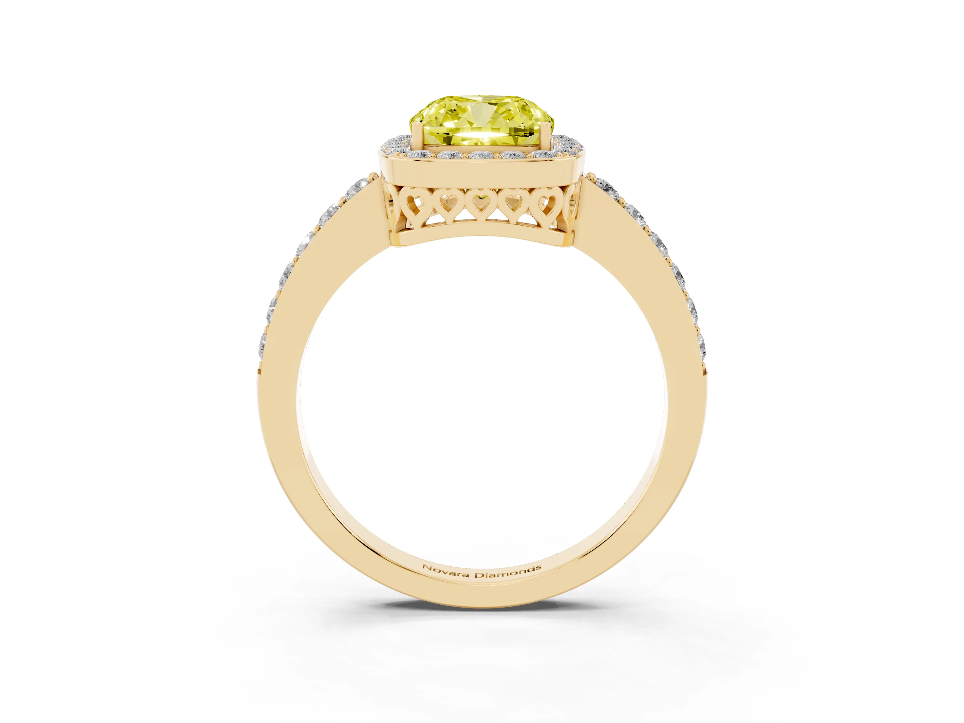 Fancy Yellow Cushion Cut Diamond Halo Ring Set in Yellow gold with Pavé-Setting Band and Open Prong Center