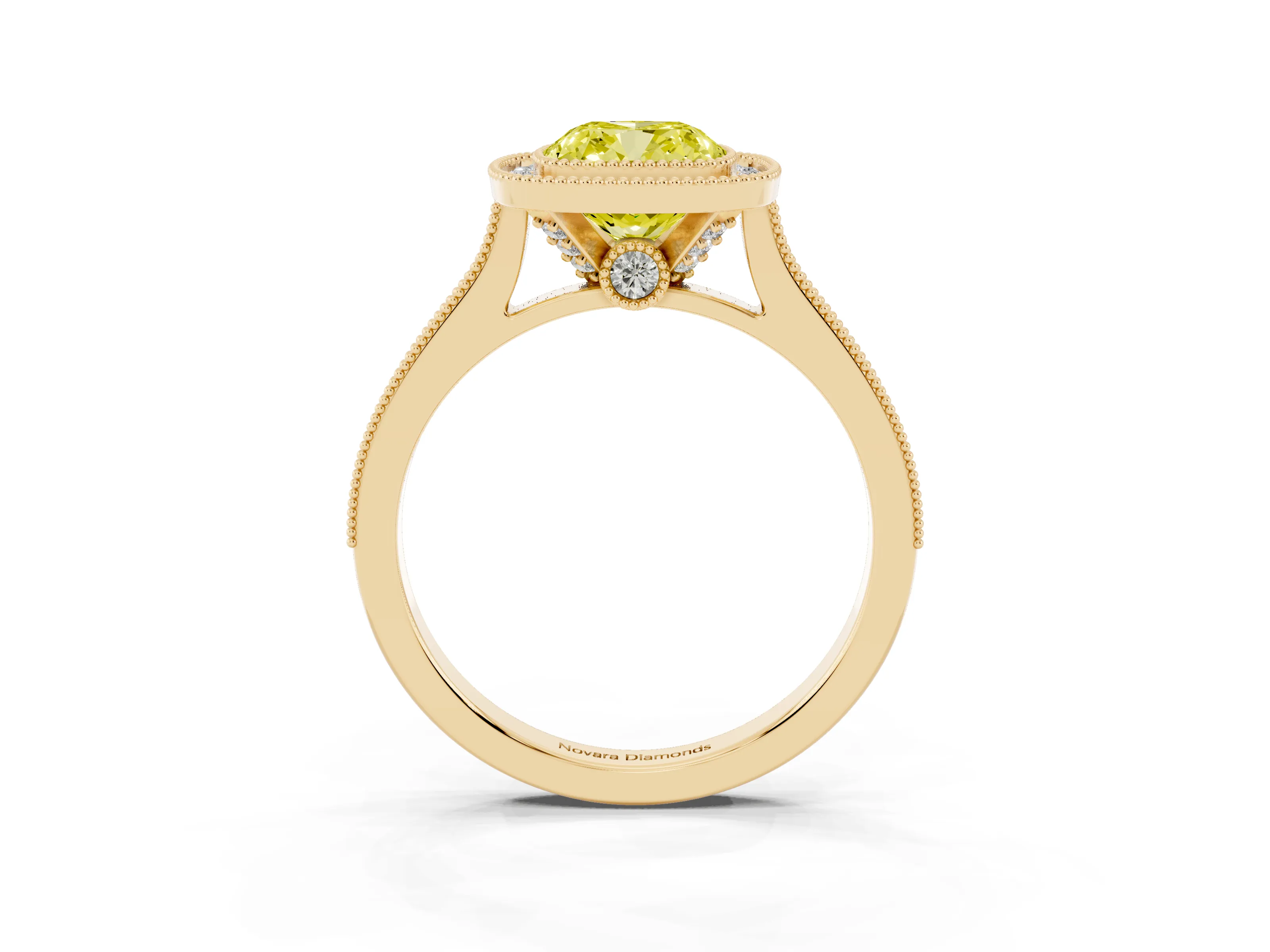 Fancy Yellow Cushion Cut Diamond Halo Milgrain Pavé Band Ring Set in Yellow gold with Prong Setting
