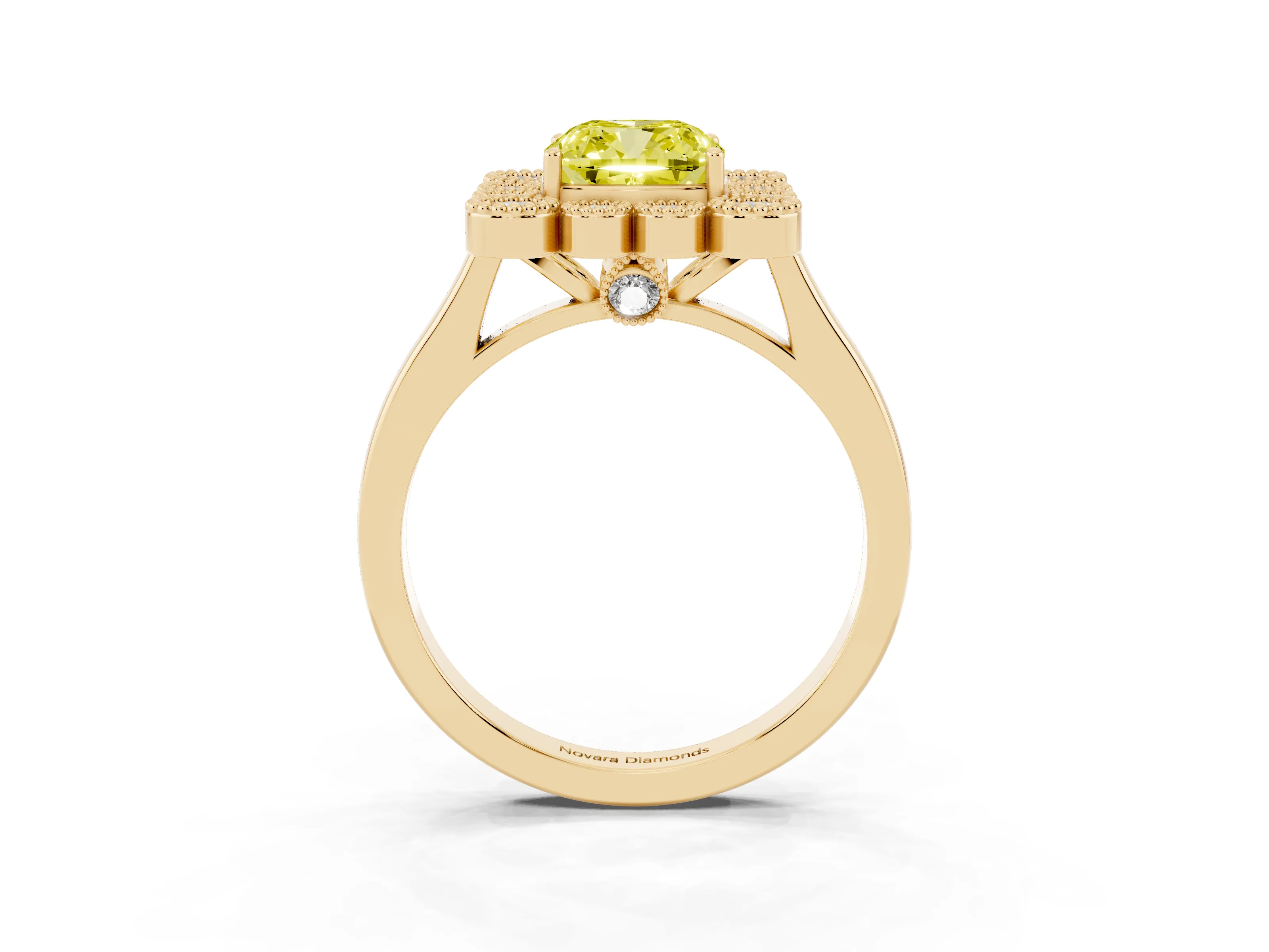 Fancy Yellow Cushion Cut Diamond Cluster Halo Ring Set in Yellow gold with Milgrain Bezel Accents and Plain Band