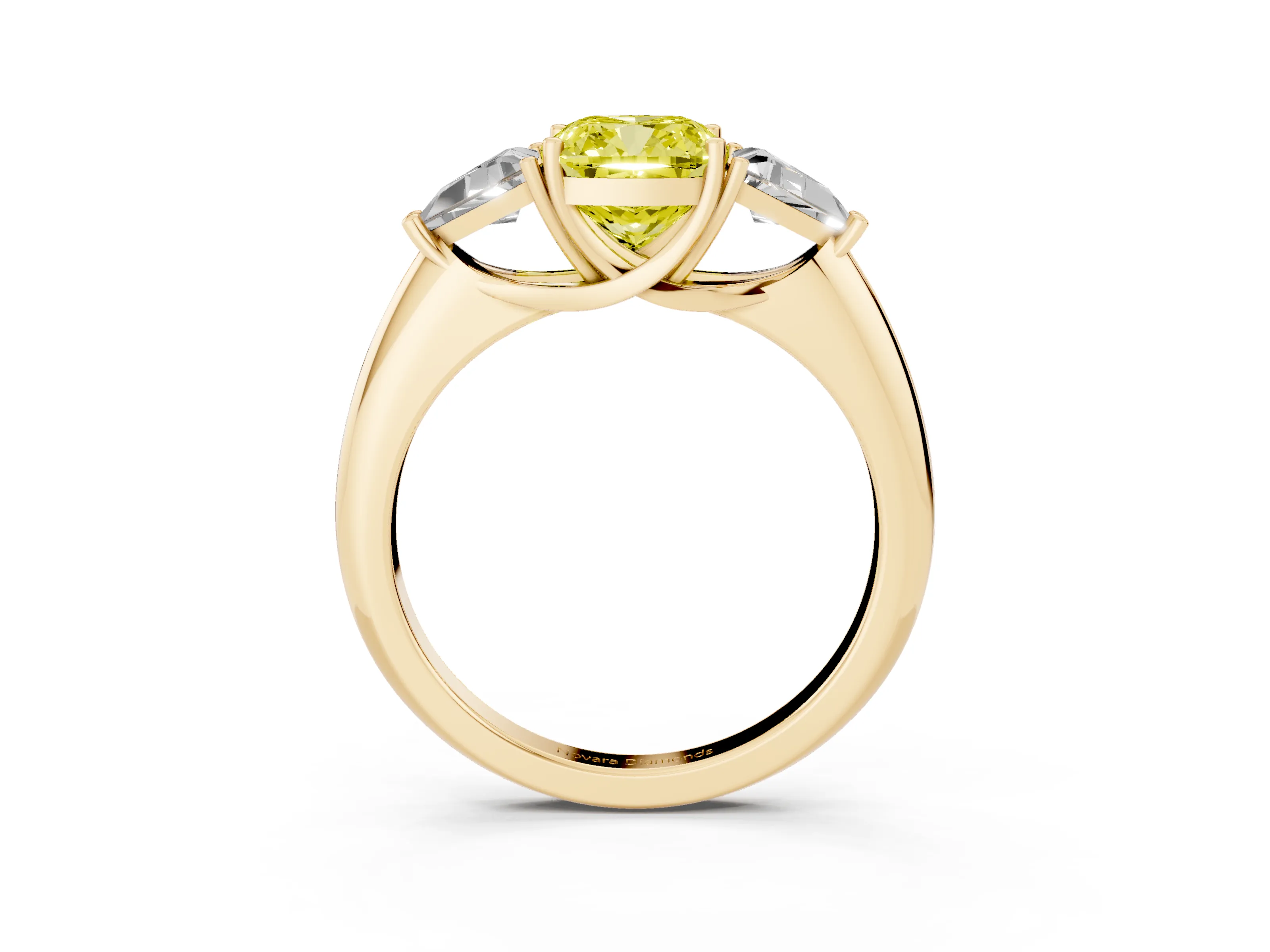 Fancy Yellow Cushion Cut Diamond Three-Stone Engagement Ring Set in Yellow gold with Trillion Side Stones