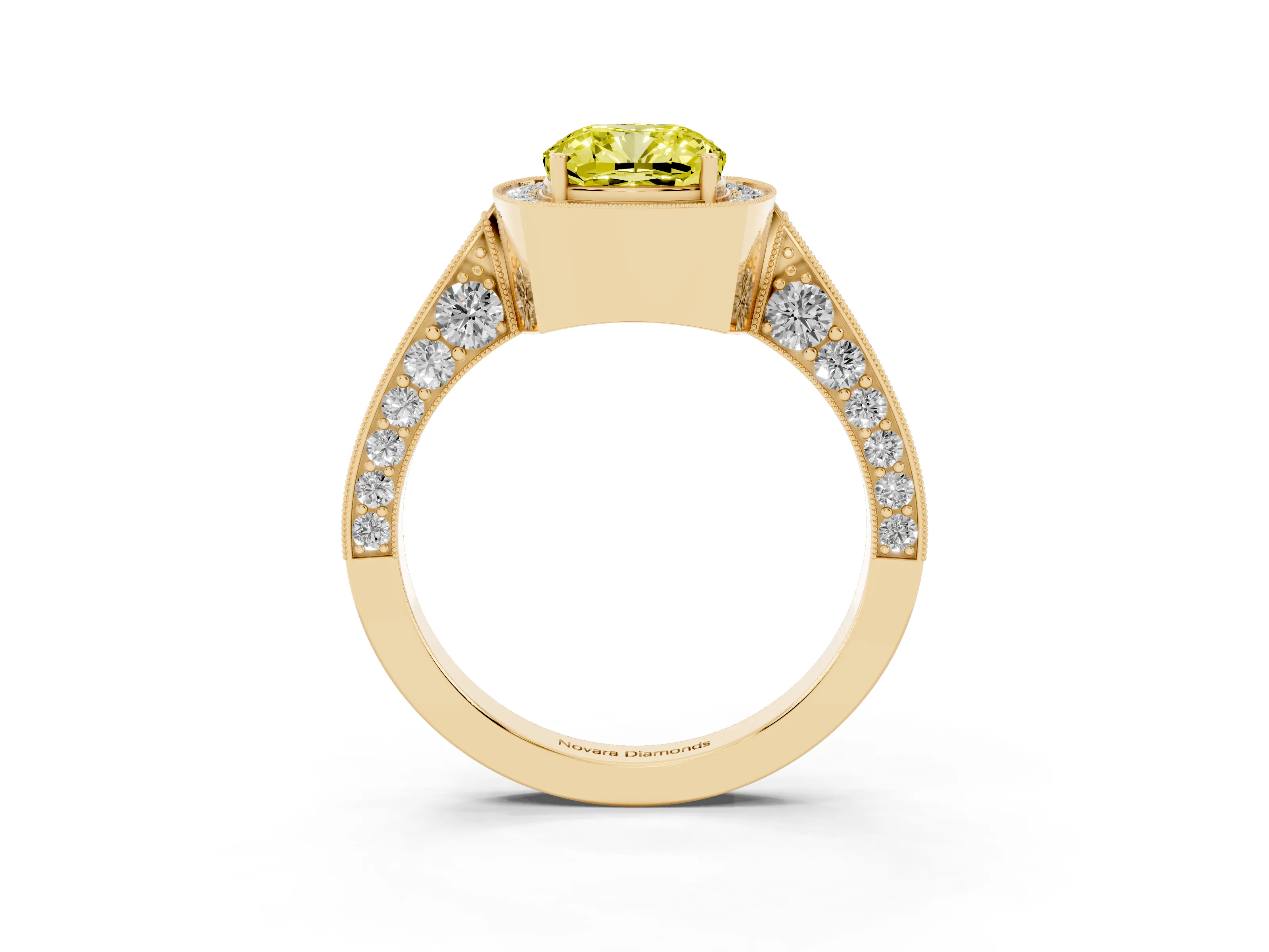 Fancy Yellow Cushion Cut Diamond Halo Engagement Ring Set in Yellow gold with Accent Split Shank Band