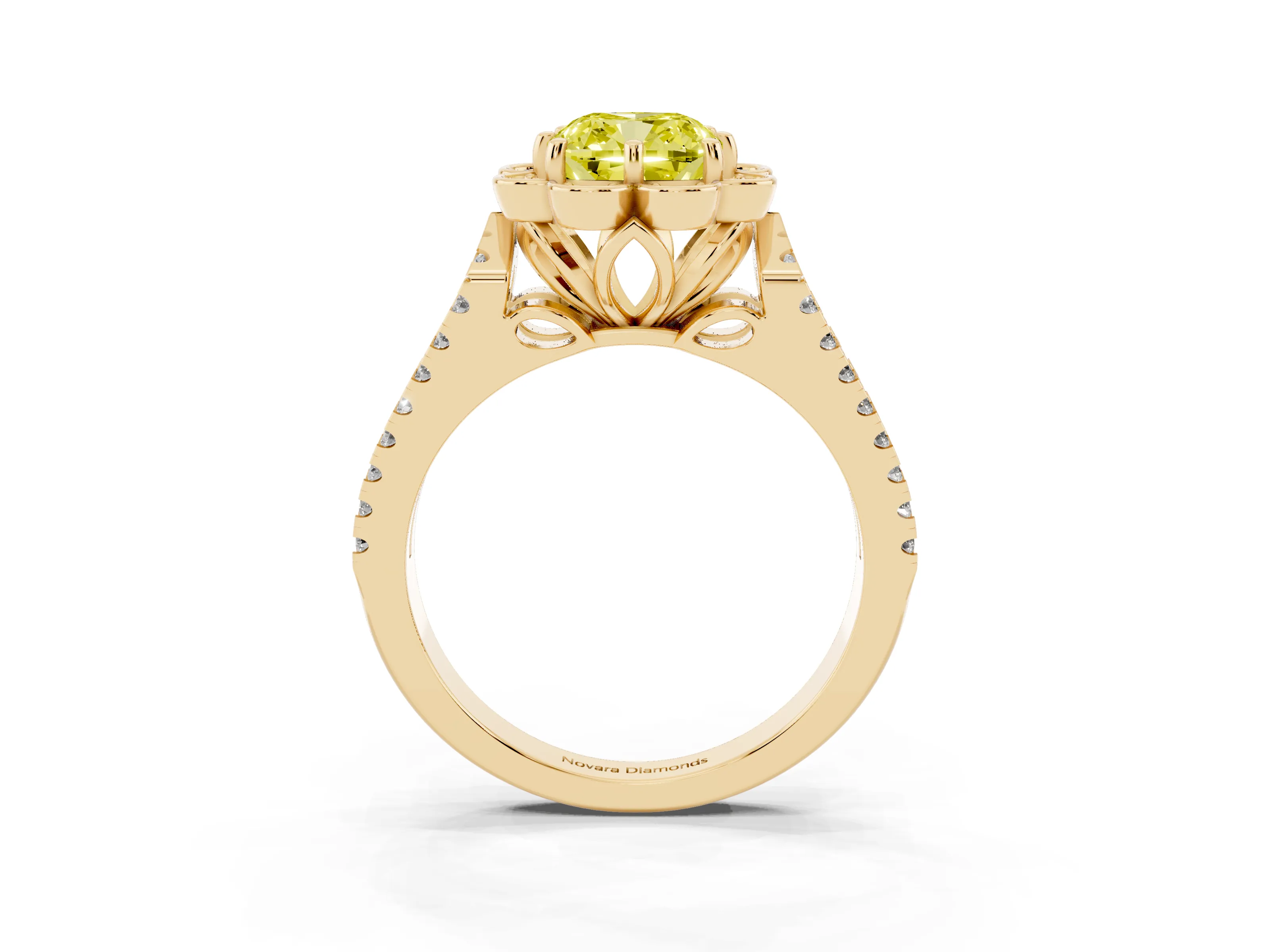 Fancy Yellow Cushion Cut Diamond Floral Halo Split Shank Engagement Ring Set in Yellow gold with Pavé Shank