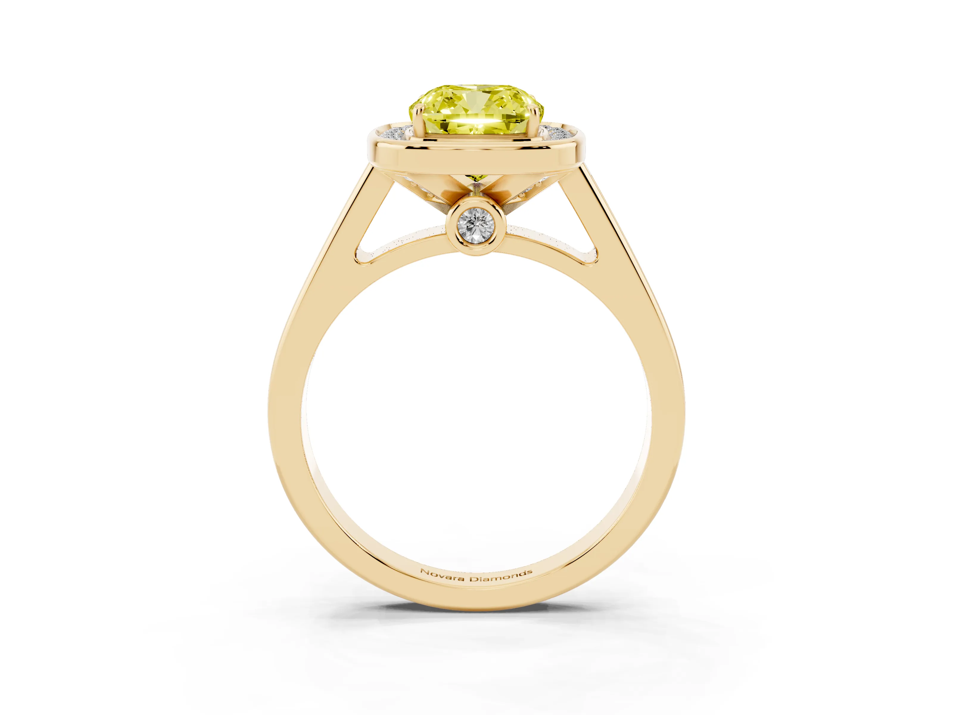Fancy Yellow Cushion Cut Diamond Halo Solitaire Ring Set in Yellow gold with Pavé Band and Bezel Setting