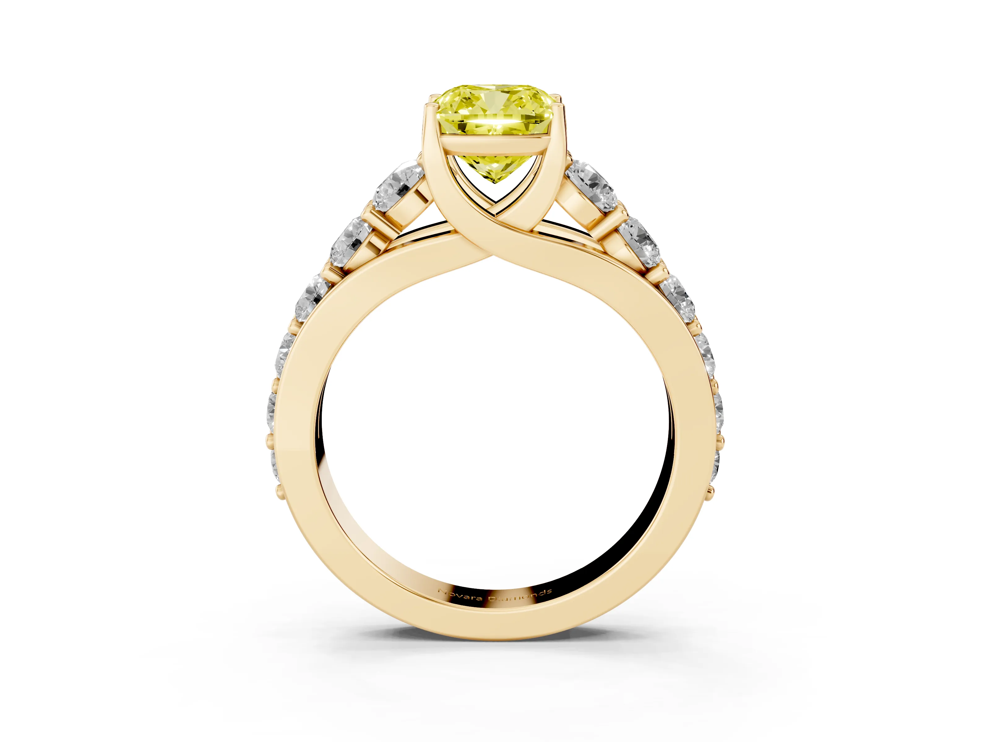 Fancy Yellow Cushion Cut Diamond Pavé Engagement Ring Set in Yellow gold with Prong Setting