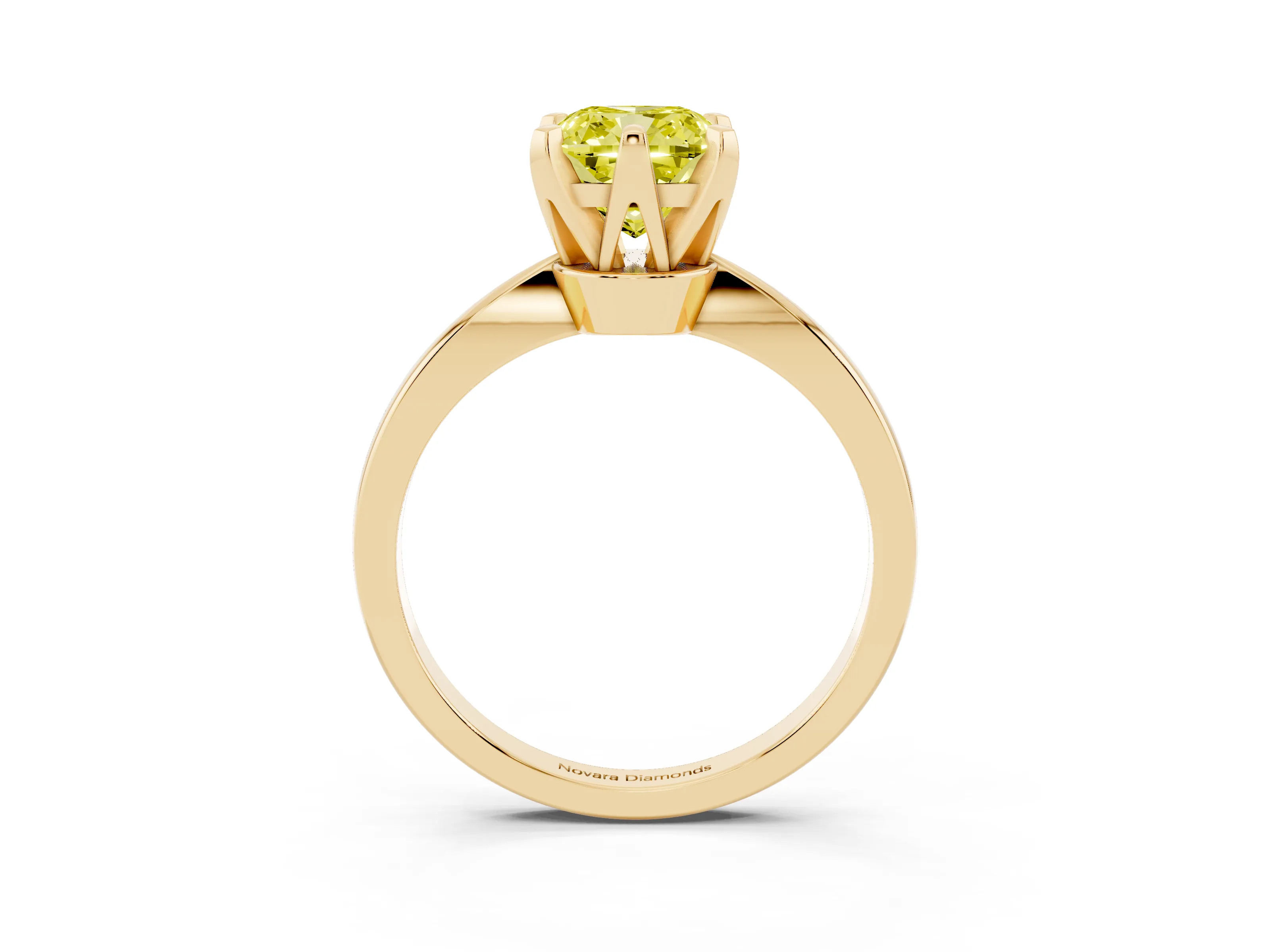 Fancy Yellow Cushion Cut Diamond Solitaire Engagement Ring Set in Yellow gold with Slim Tapered Solitaire Band
