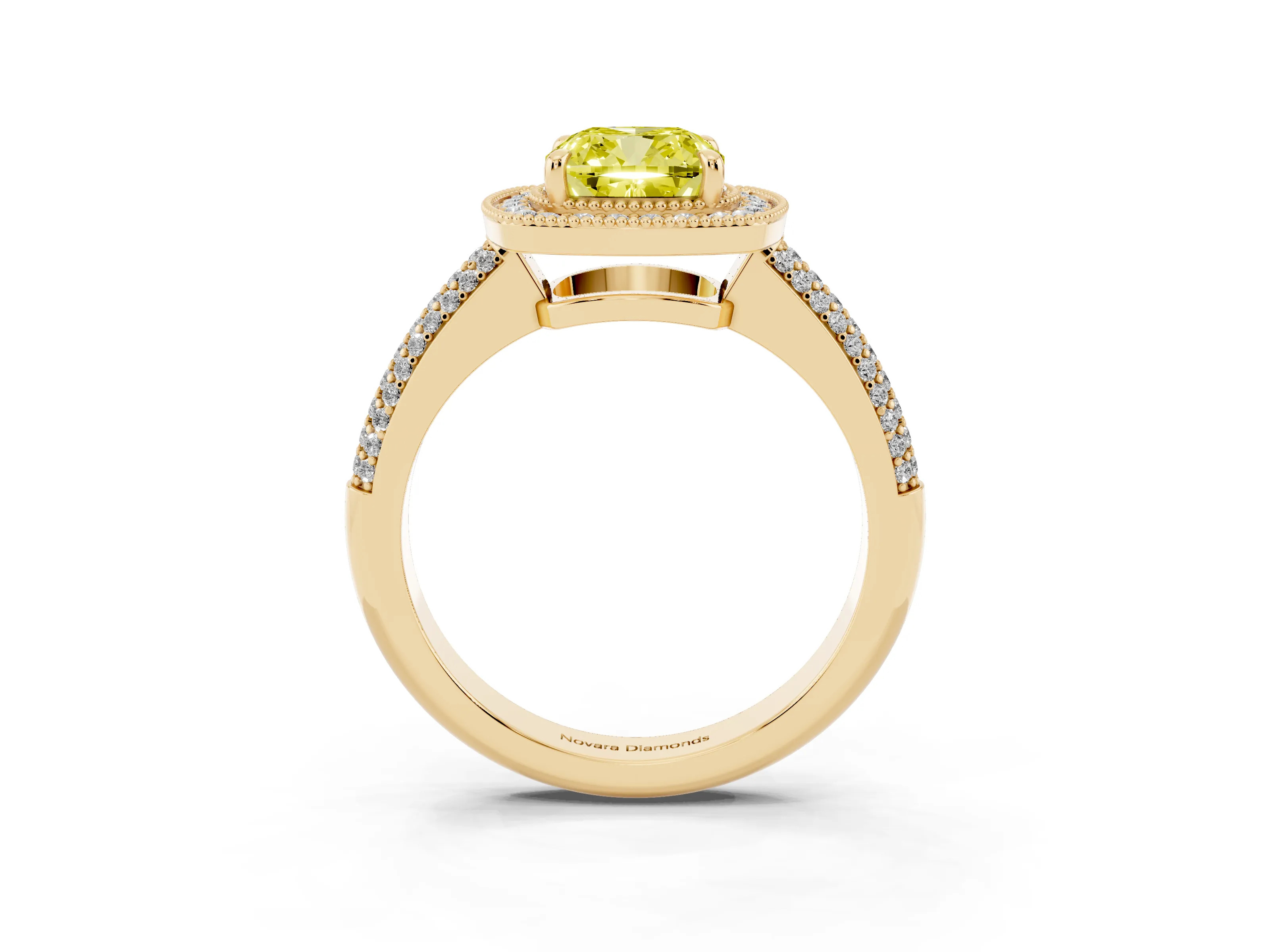 Fancy Yellow Cushion Cut Diamond Halo Pavé Band Set in Yellow gold with Prong Setting
