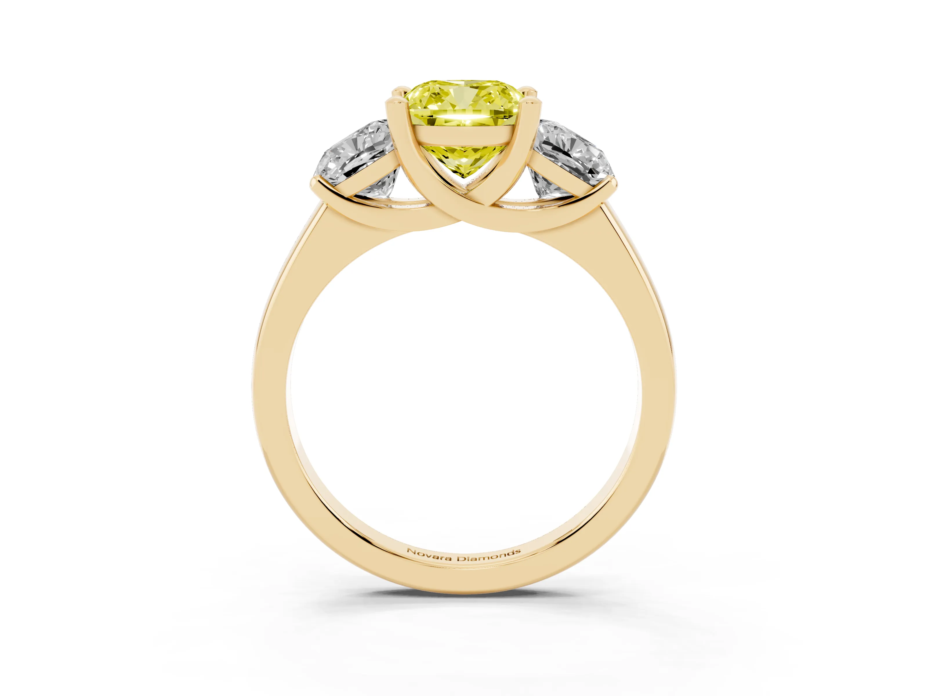 Fancy Yellow Cushion Cut Diamond Three-Stone Ring Set in Yellow gold with Classic Prong Setting and Plain Band