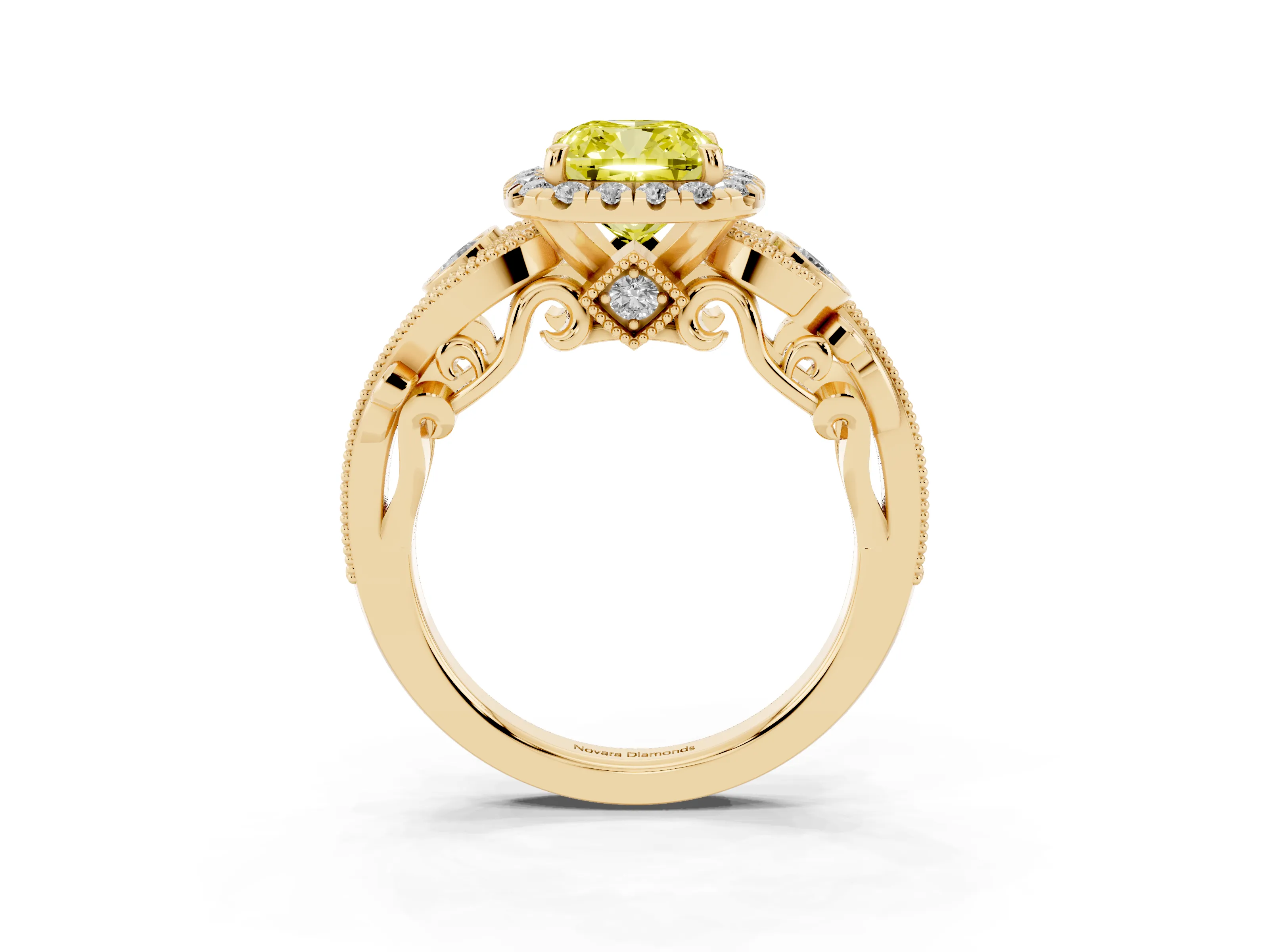 Fancy Yellow Cushion Cut Diamond Halo Ring Set in Yellow gold with Milgrain Pavé Band and Prong Setting