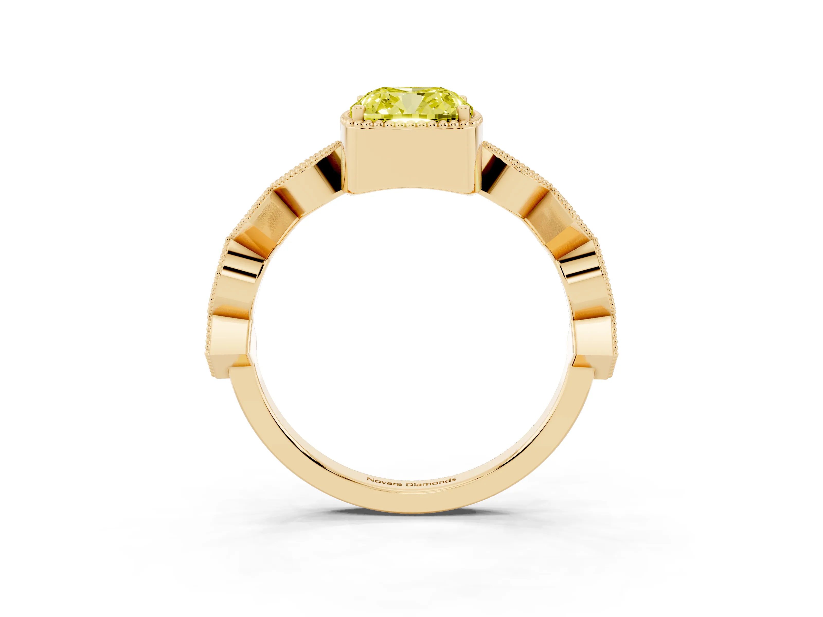 Fancy Yellow Cushion Cut Diamond Milgrain Marquise Twist Band Ring Set in Yellow gold with Prong Setting