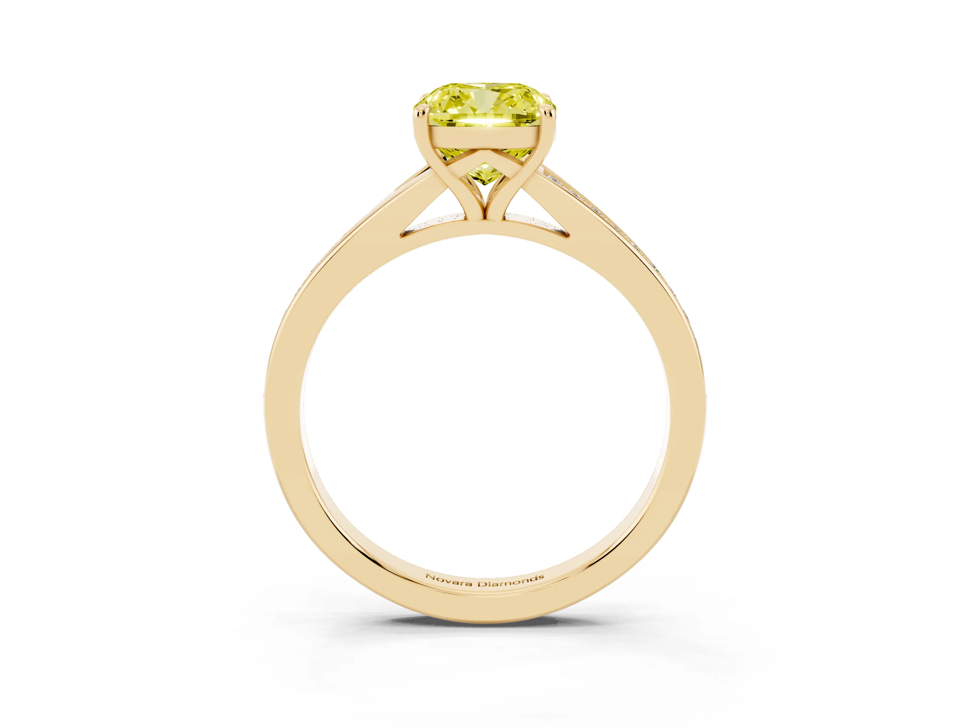 Fancy Yellow Cushion Cut Diamond Solitaire Ring Set in Yellow gold with Pavé Accent Band and Classic Prong Setting