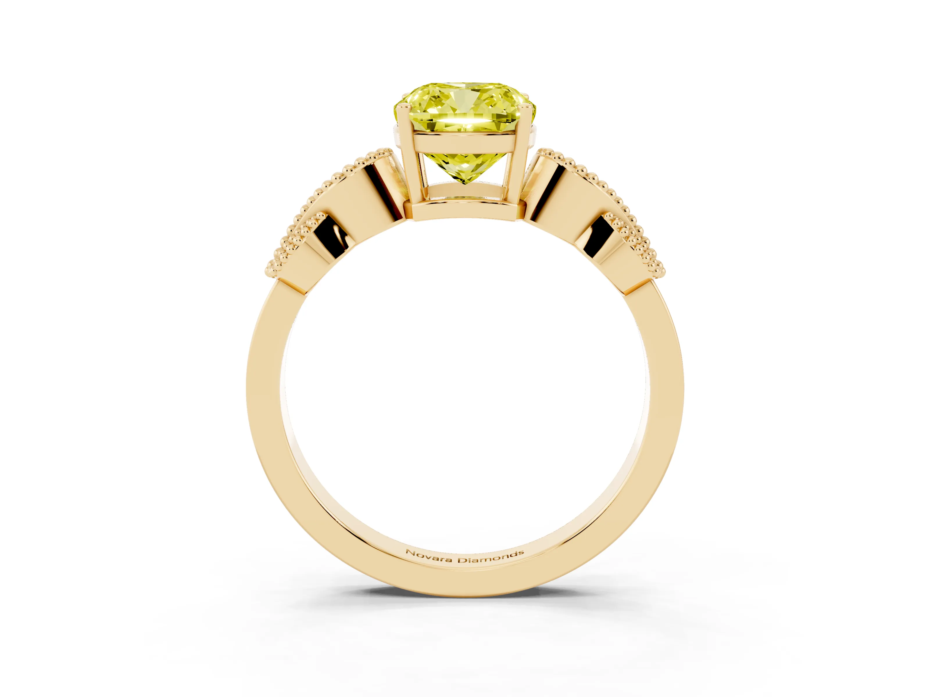 Fancy Yellow Cushion Cut Diamond Milgrain Leaf Band Solitaire Ring Set in Yellow gold with Accent Stones and Prong Setting