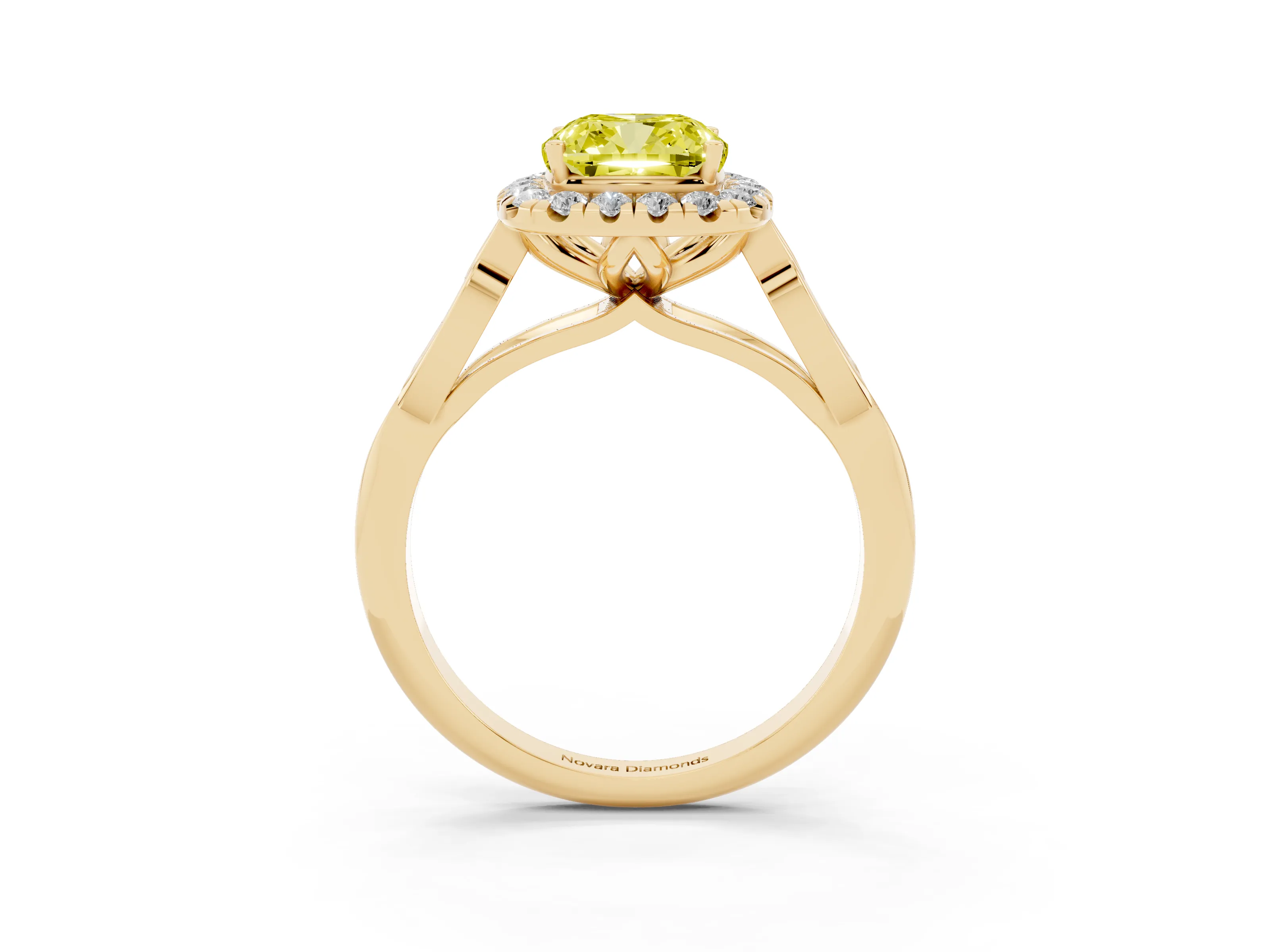 Fancy Yellow Cushion Cut Diamond Halo Engagement Ring Set in Yellow gold with Filigree Band and Prong-Set Center